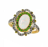 Edwardian Opal Diamond Demantoid Garnet Platinum 18 Karat Gold Antique Ring