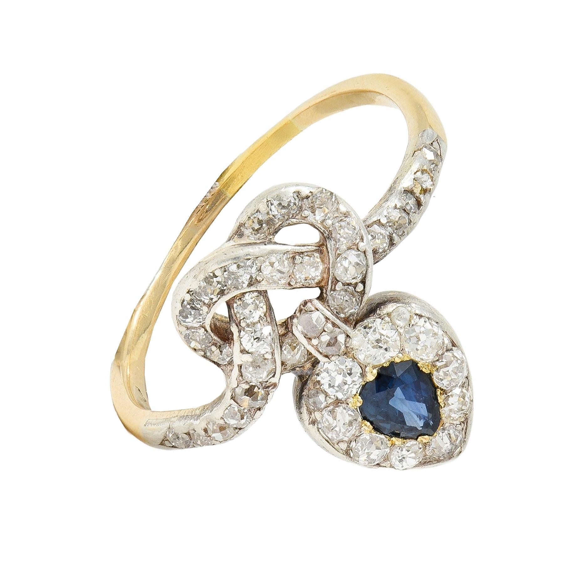 Victorian 1.60 CTW Sapphire Diamond Silver 14 Karat Gold Antique Love Knot Ring