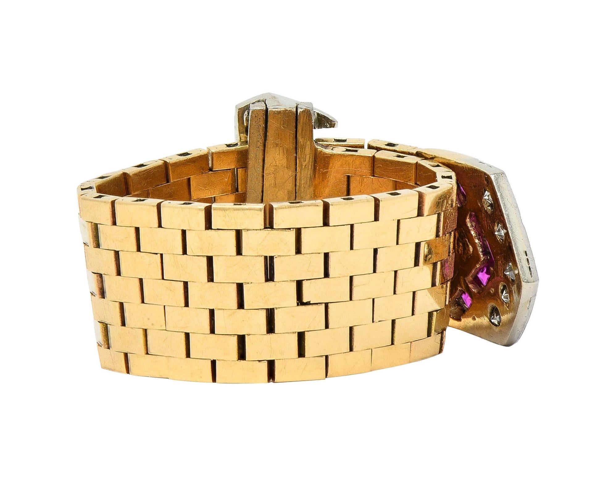 Retro 0.56 CTW Diamond 14 Karat Two-Tone Gold Vintage Mesh Buckle Ring