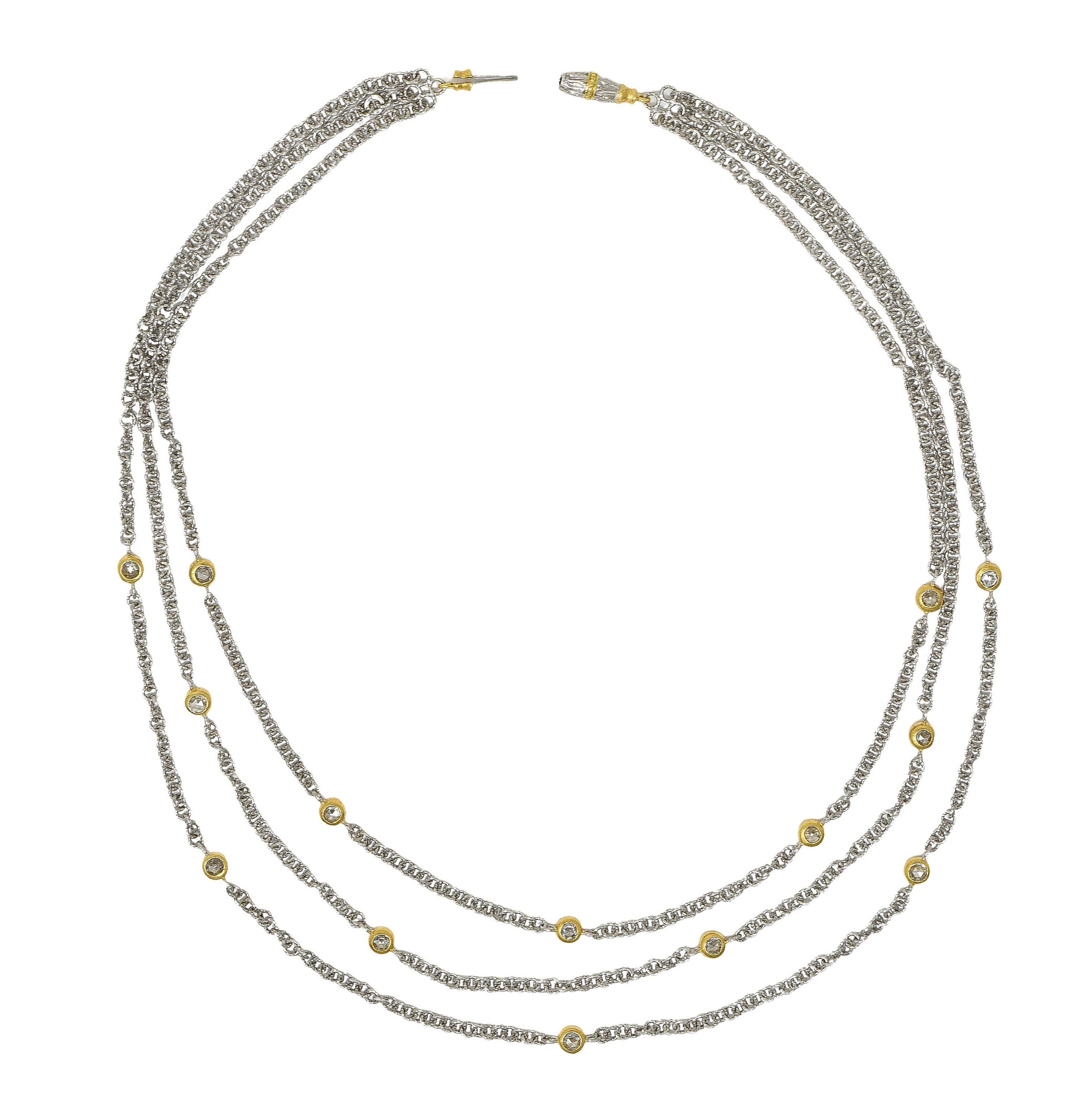 Buccellati Rose Cut Diamond 18 Karat Two-Tone Gold Multi-Strand Chain Necklace