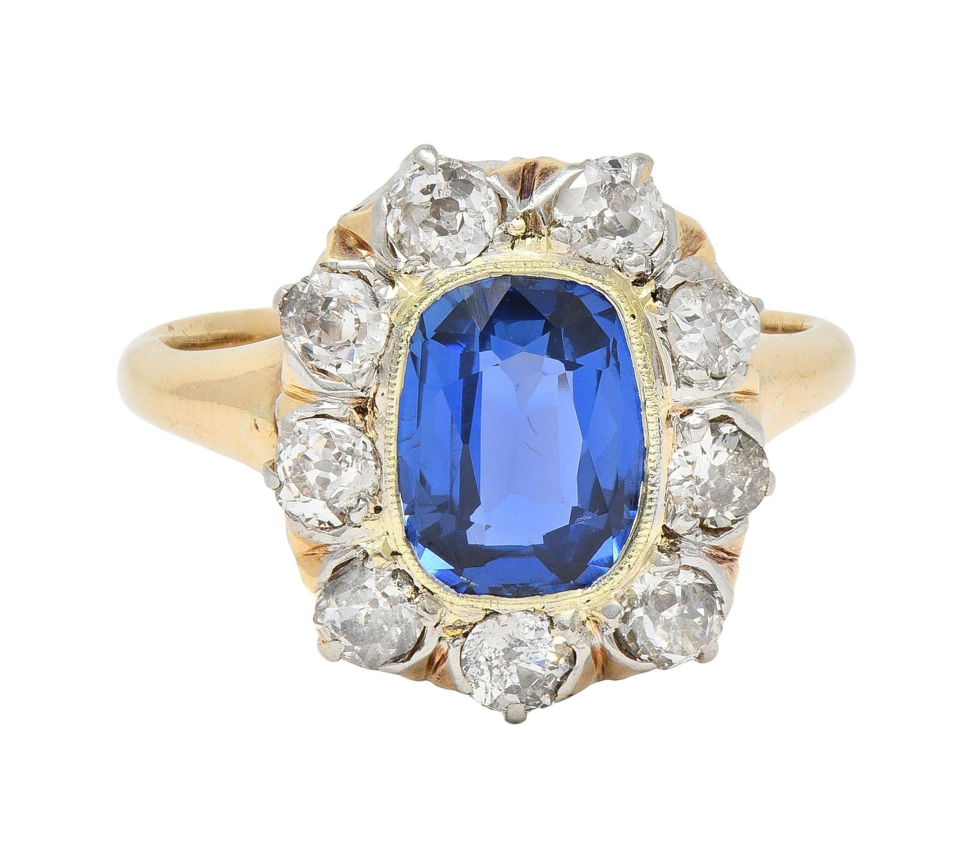 Edwardian 2.83 CTW No Heat Burma Sapphire Diamond Plat 18K Antique Halo Ring GIA