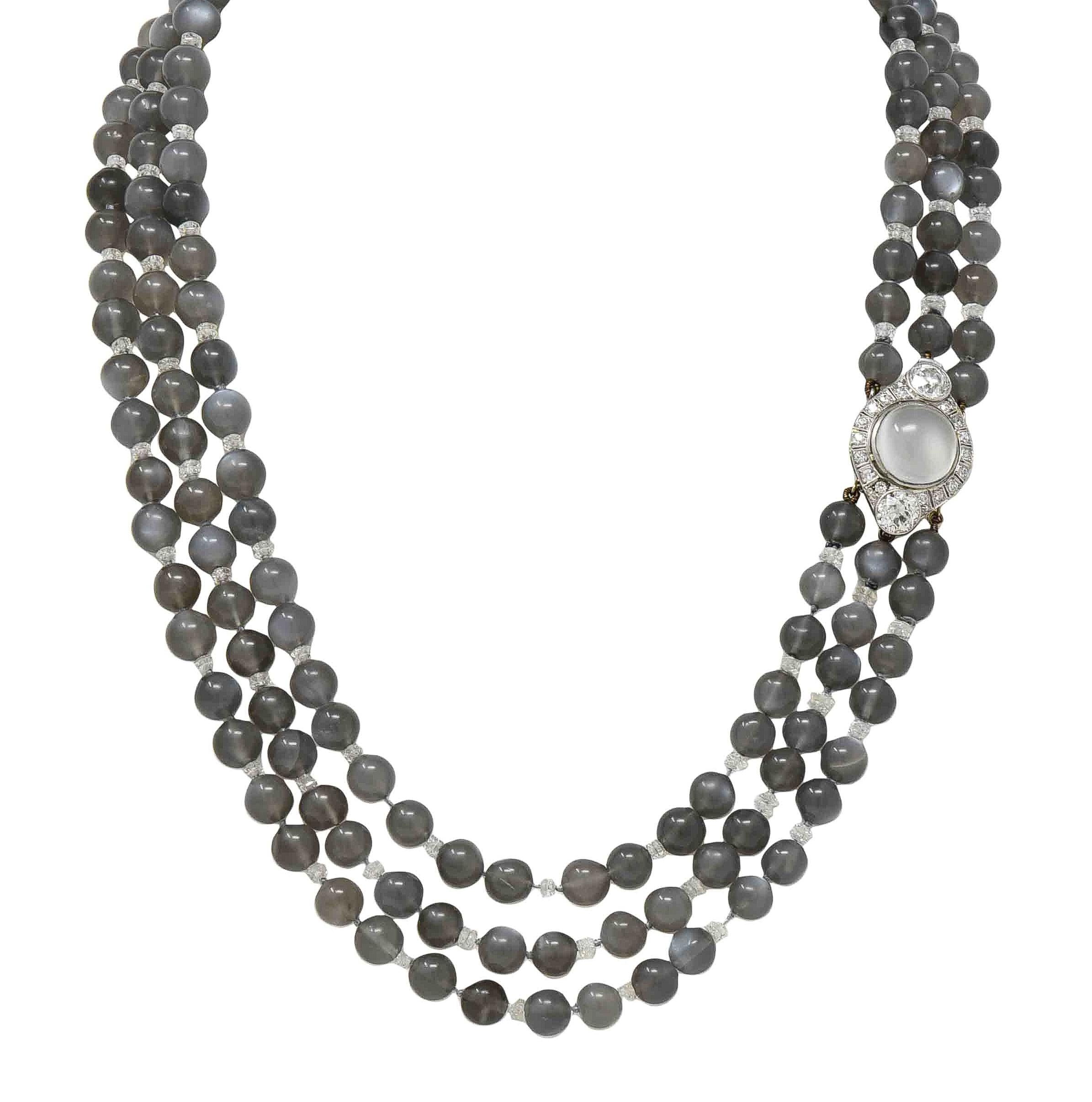 Art Deco Moonstone Diamond Platinum Vintage Beaded Multi Strand Necklace
