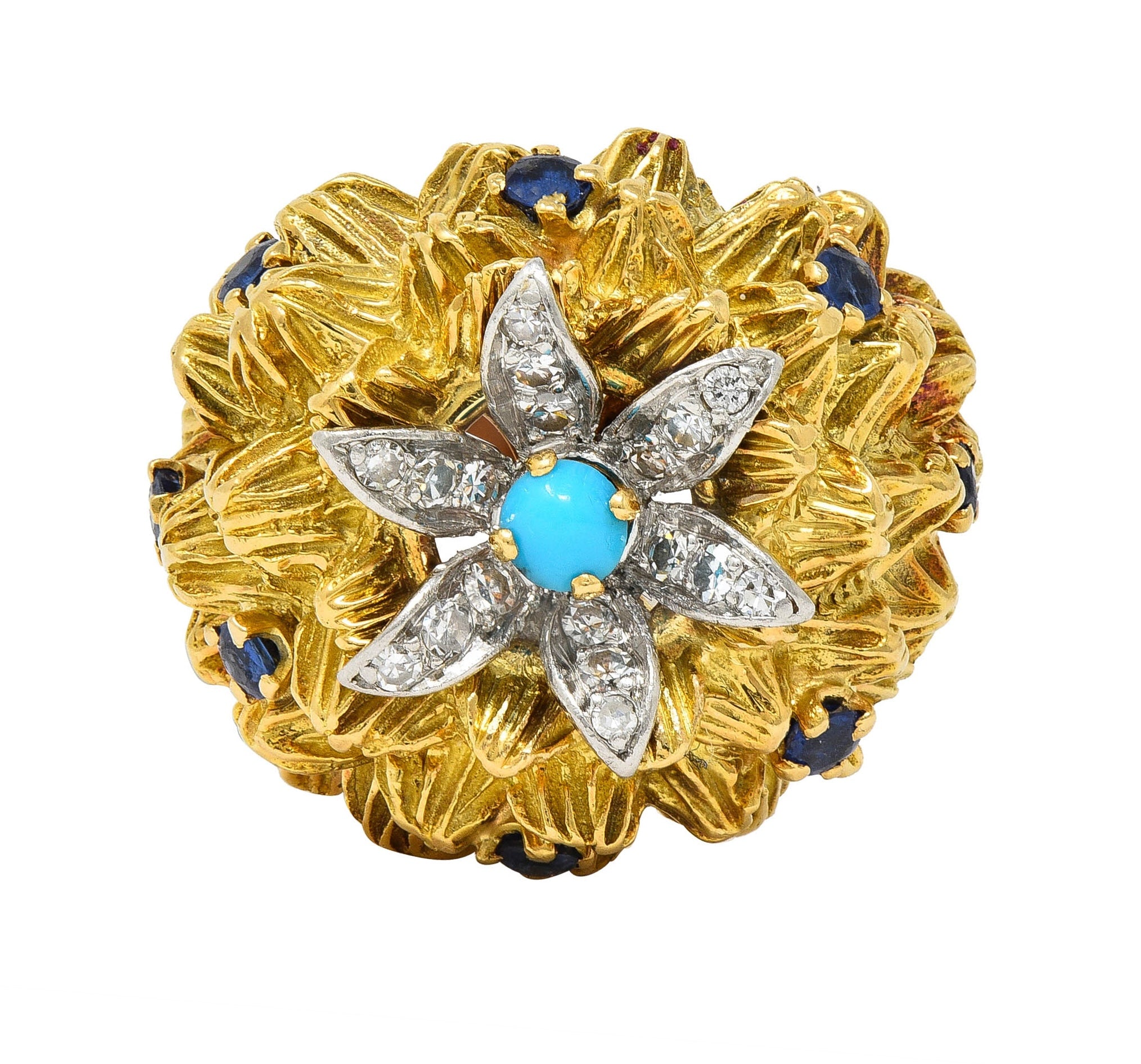 1960's French Sapphire Diamond Turquoise Platinum 18 Karat Yellow Gold Cactus Flower Ring Wilson's Estate Jewelry