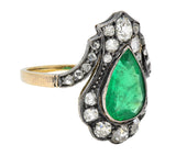 Victorian 2.96 CTW Emerald Diamond 14 Karat Gold Silver Antique Cluster Ring