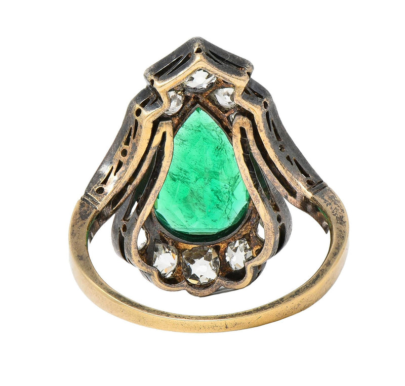 Victorian 2.96 CTW Emerald Diamond 14 Karat Gold Silver Antique Cluster Ring