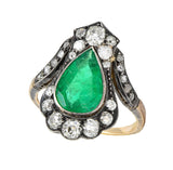 Victorian 2.96 CTW Emerald Diamond 14 Karat Gold Silver Antique Cluster Ring