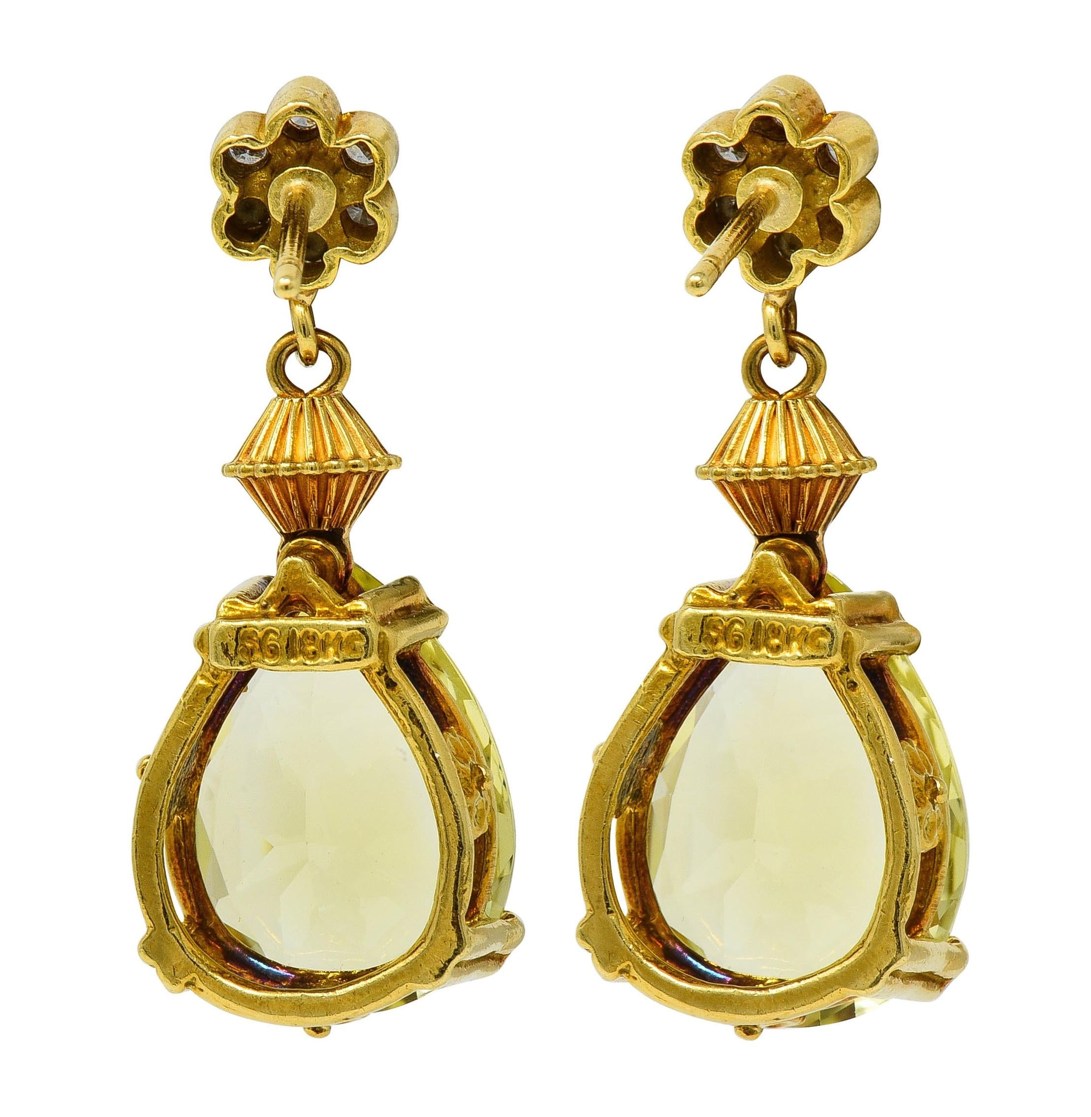 SeidenGang 1990's Lemon Quartz Diamond 18K Two-Tone Gold Vintage Drop Earrings