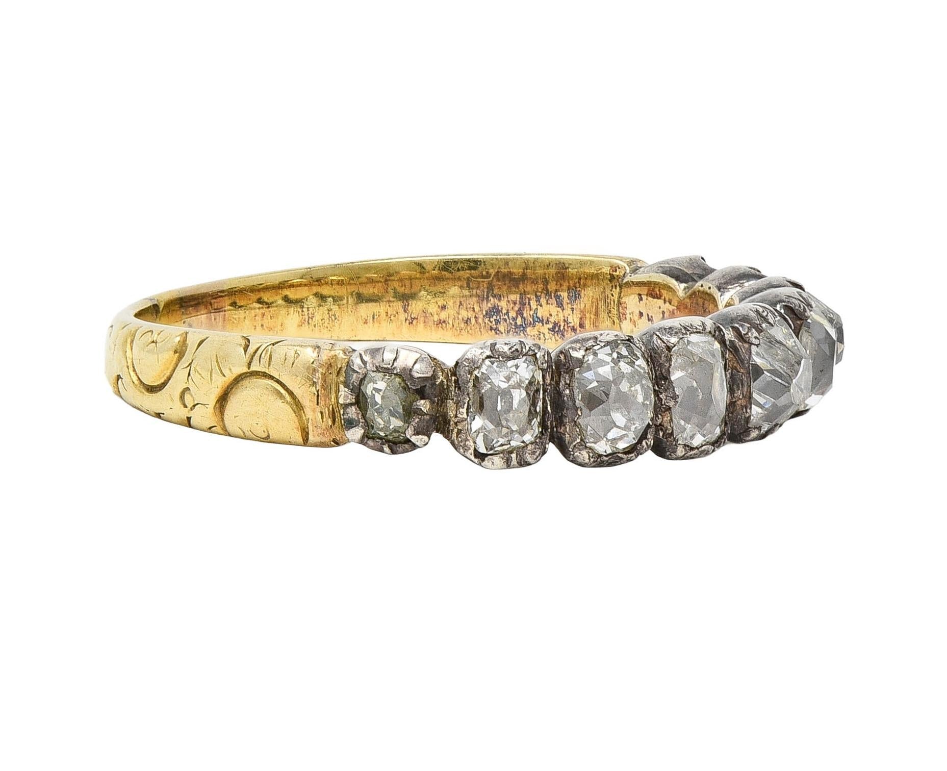 Late Georgian Old Mine Cut Diamond Silver-Topped 14 Karat Gold Antique Band Ring