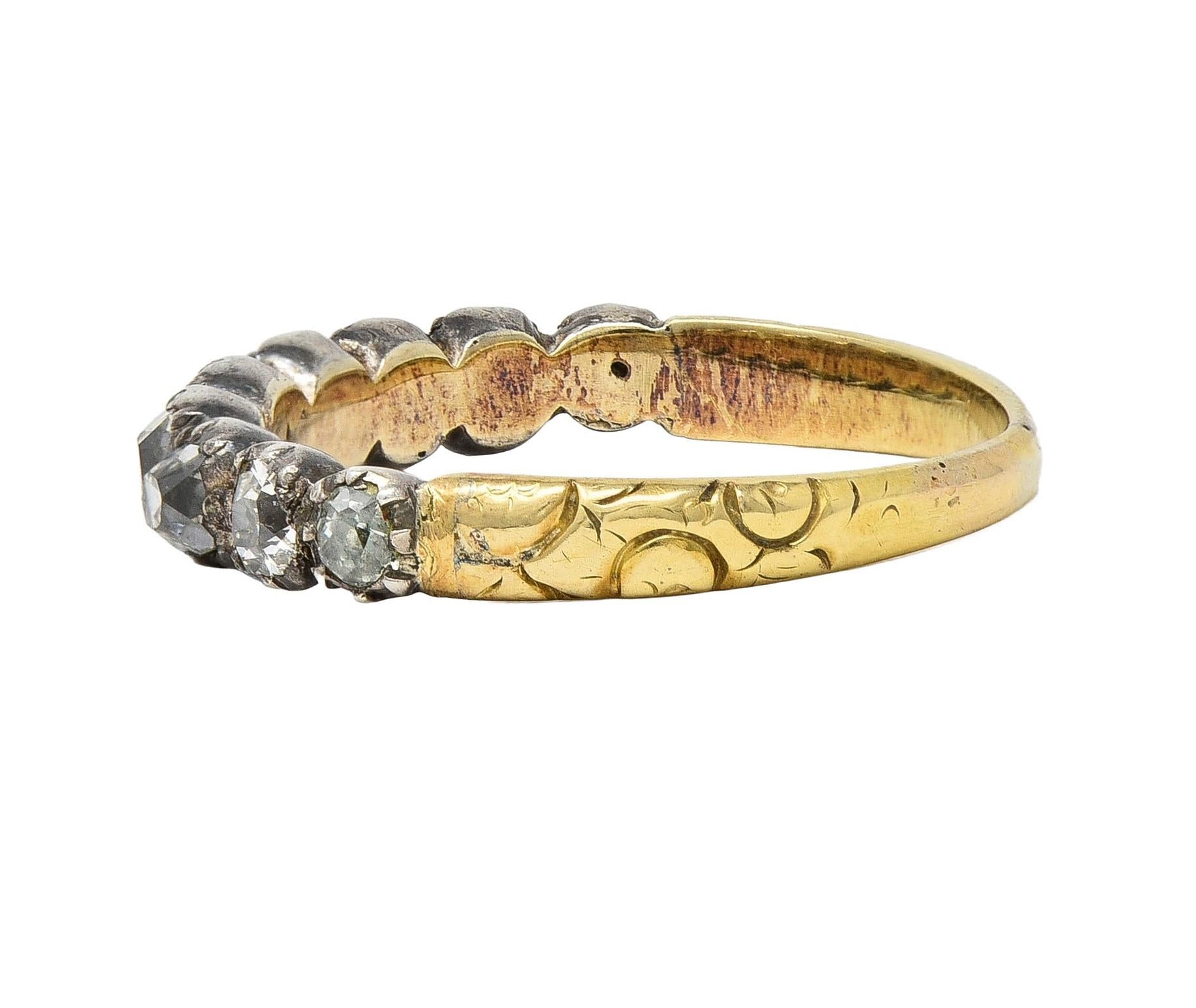 Late Georgian Old Mine Cut Diamond Silver-Topped 14 Karat Gold Antique Band Ring