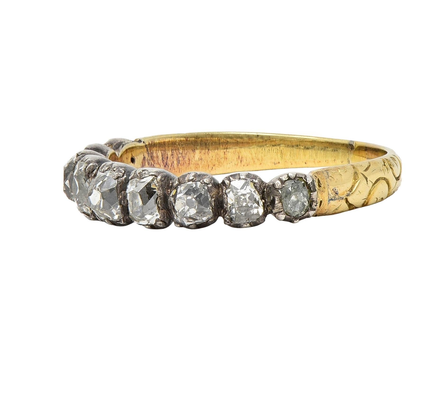 Late Georgian Old Mine Cut Diamond Silver-Topped 14 Karat Gold Antique Band Ring