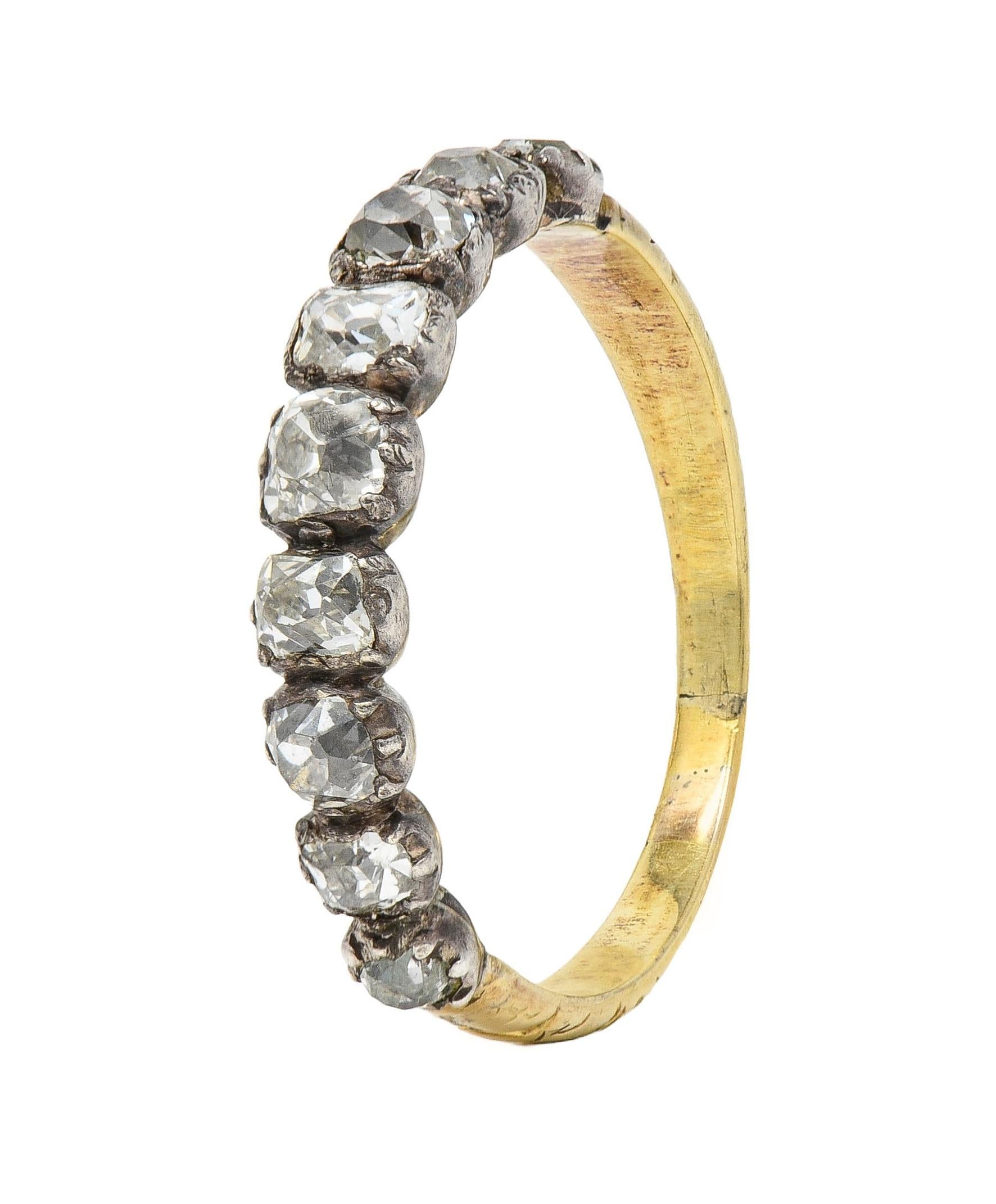 Late Georgian Old Mine Cut Diamond Silver-Topped 14 Karat Gold Antique Band Ring