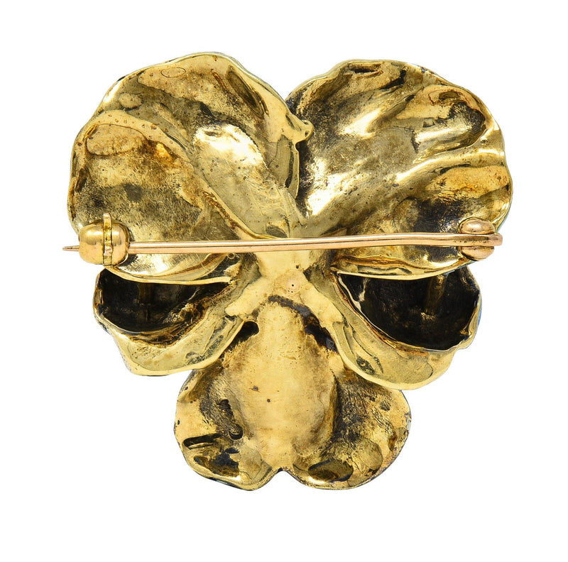 Henry Blank & Co. Art Nouveau Enamel Pearl 14 Karat Gold Antique Pansy Brooch
