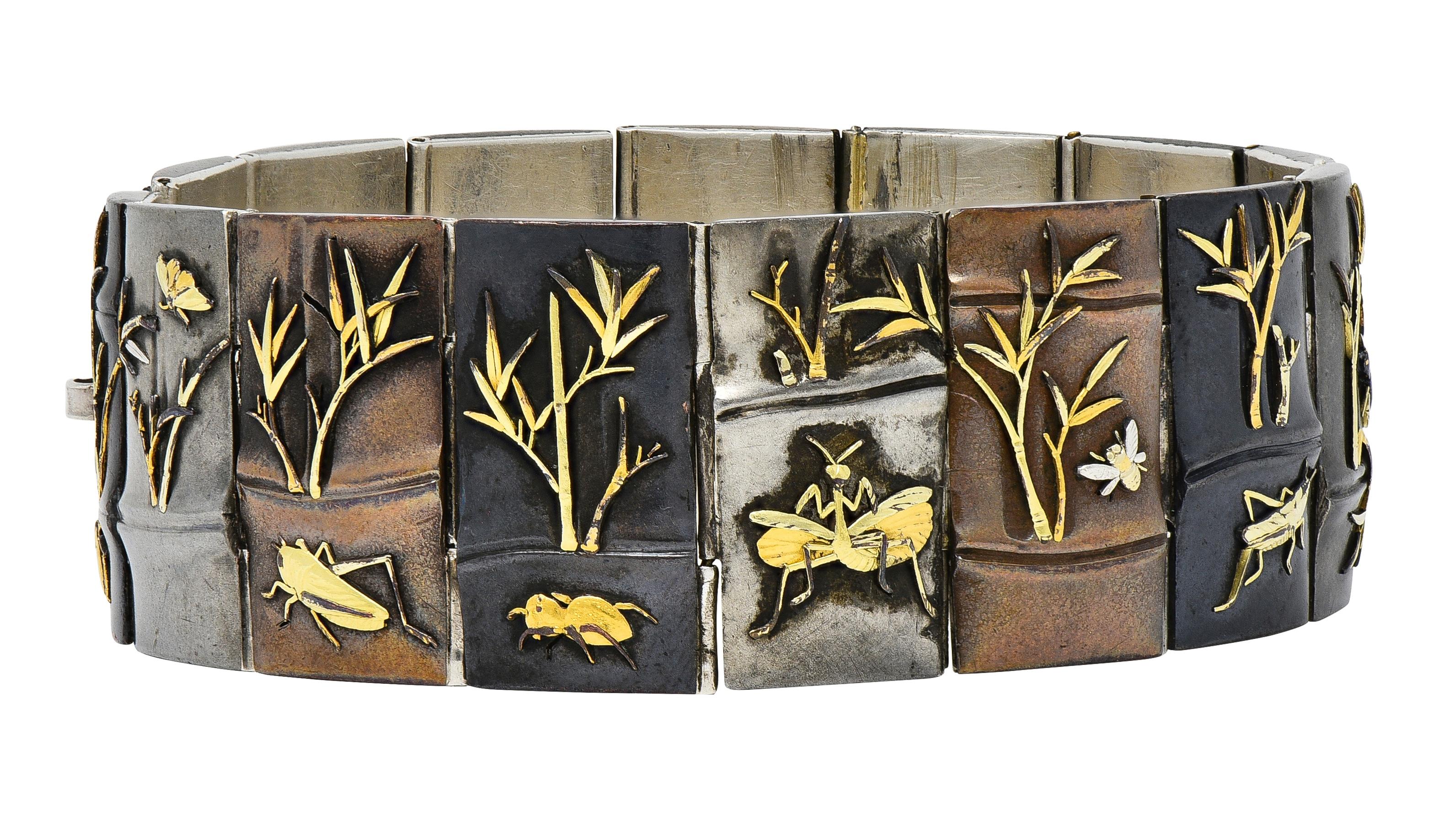 Victorian Japanese Shakudo Sterling Silver Gold Antique Bug Panel Link Bracelet
