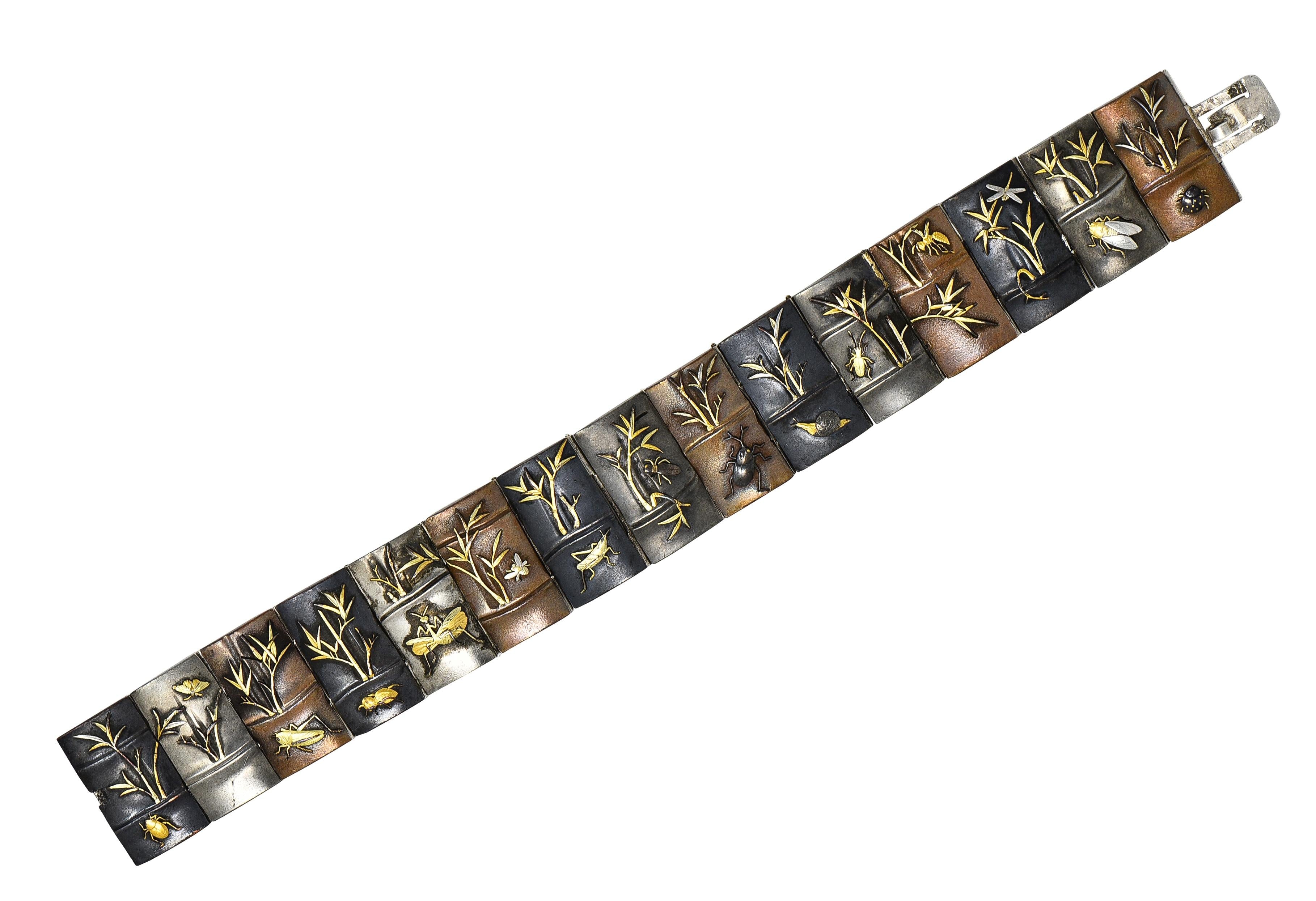 Victorian Japanese Shakudo Sterling Silver Gold Antique Bug Panel Link Bracelet