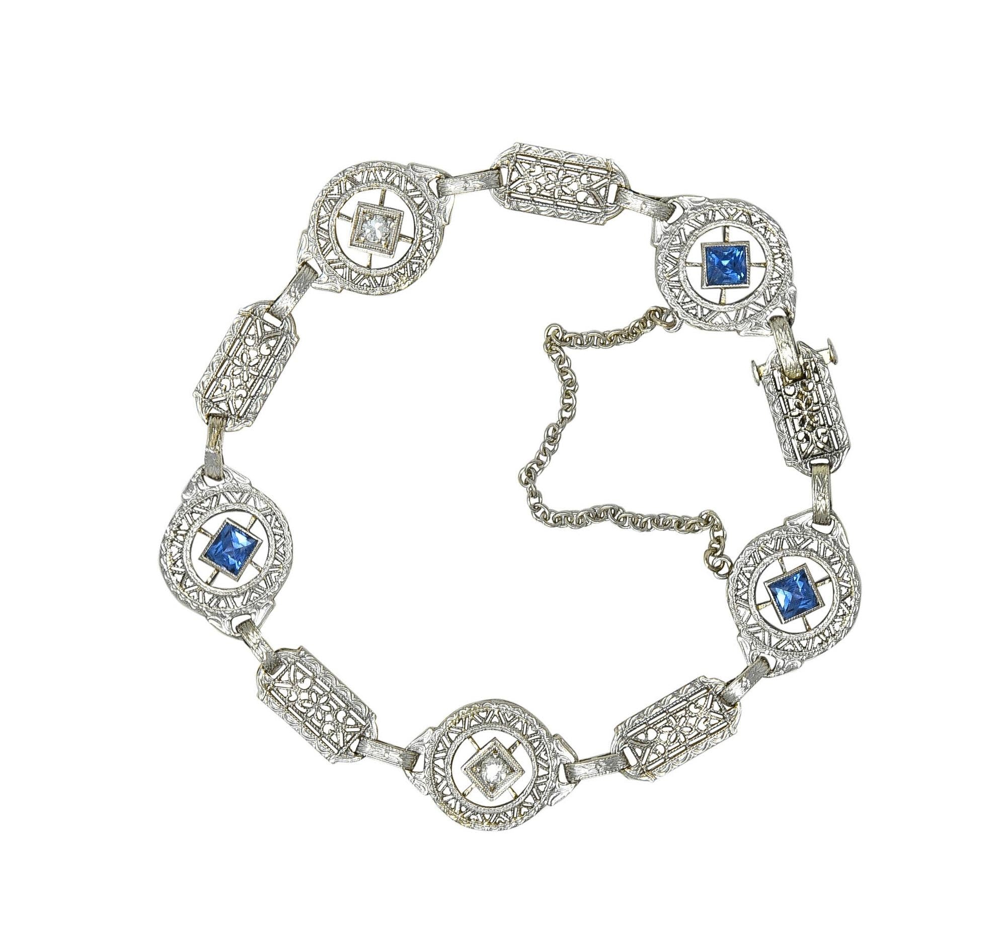 Art Deco 1.36 CTW Sapphire Diamond 14 Karat White Gold Vintage Heart Bracelet