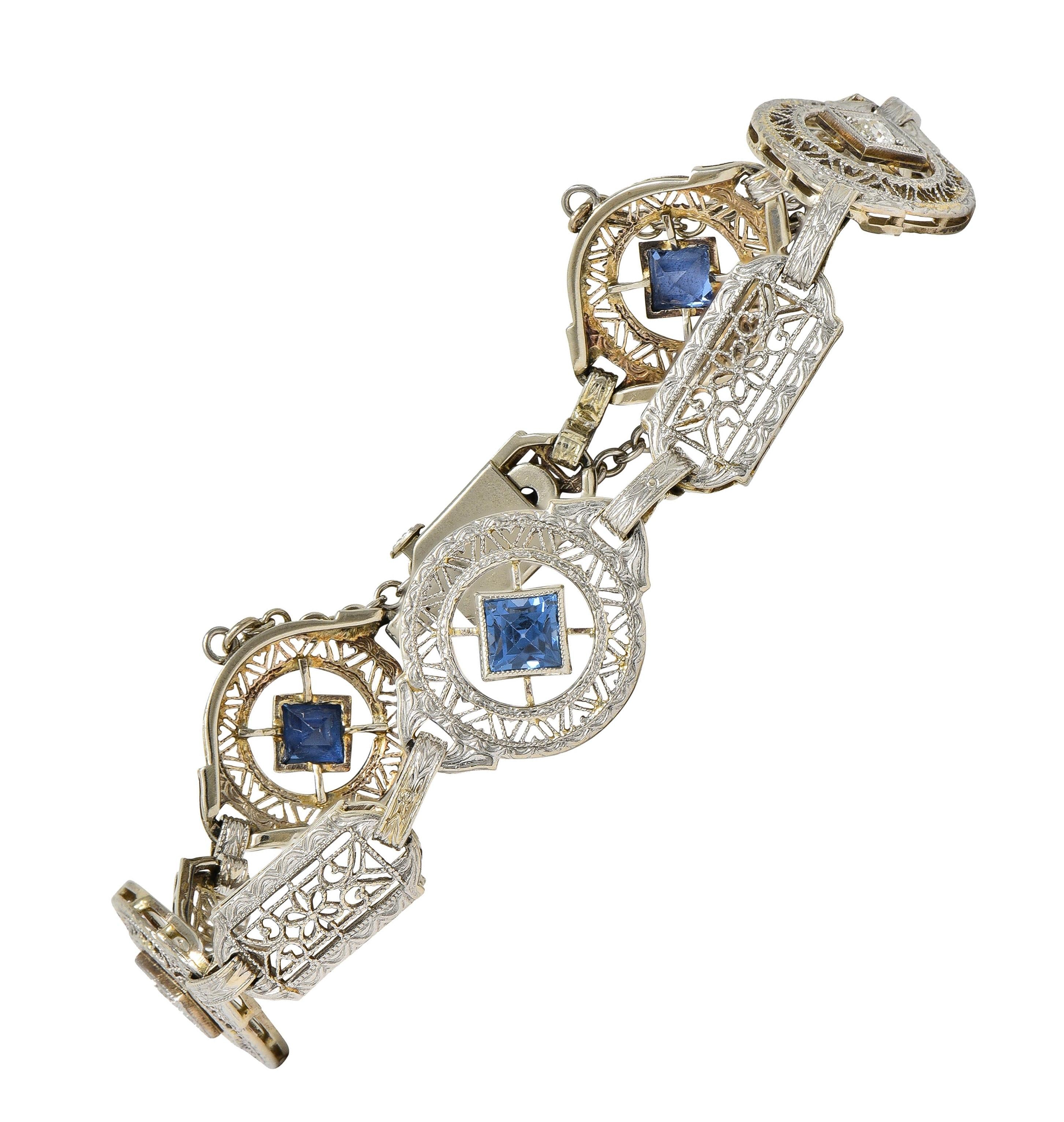 Art Deco 1.36 CTW Sapphire Diamond 14 Karat White Gold Vintage Heart Bracelet