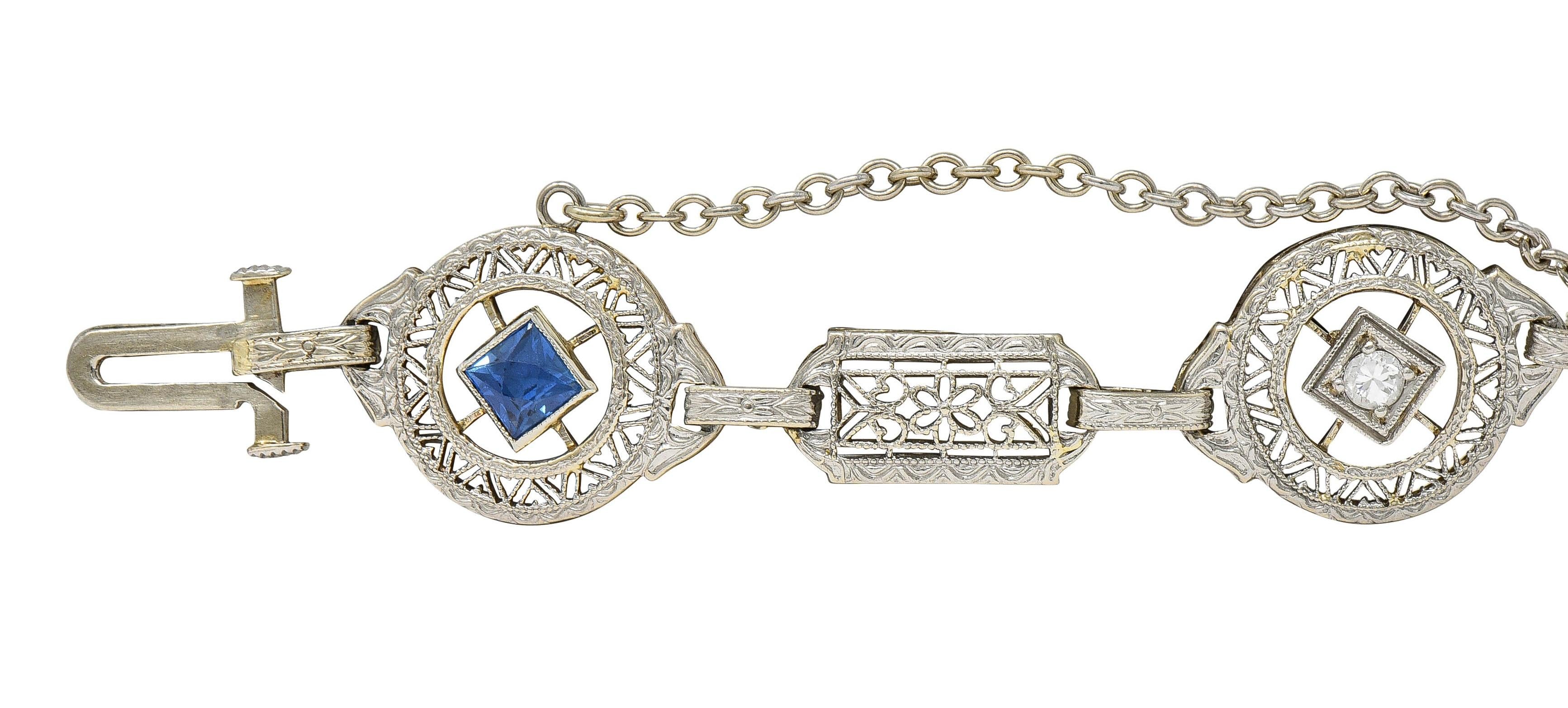 Art Deco 1.36 CTW Sapphire Diamond 14 Karat White Gold Vintage Heart Bracelet