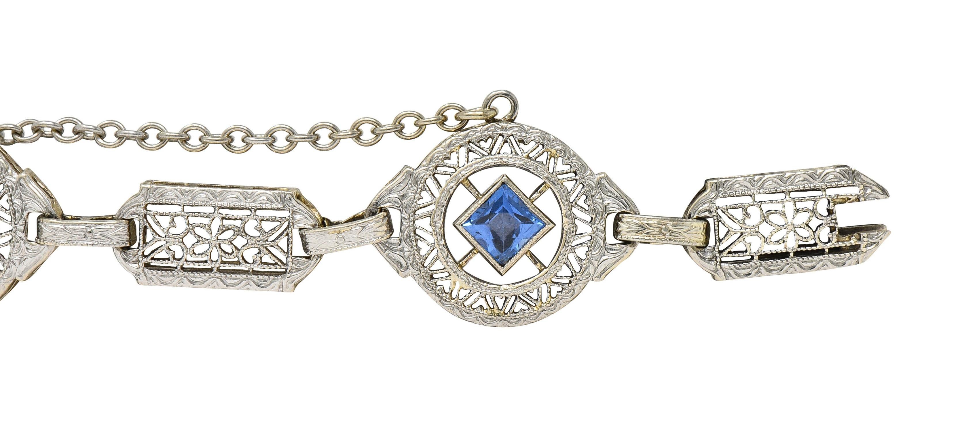 Art Deco 1.36 CTW Sapphire Diamond 14 Karat White Gold Vintage Heart Bracelet