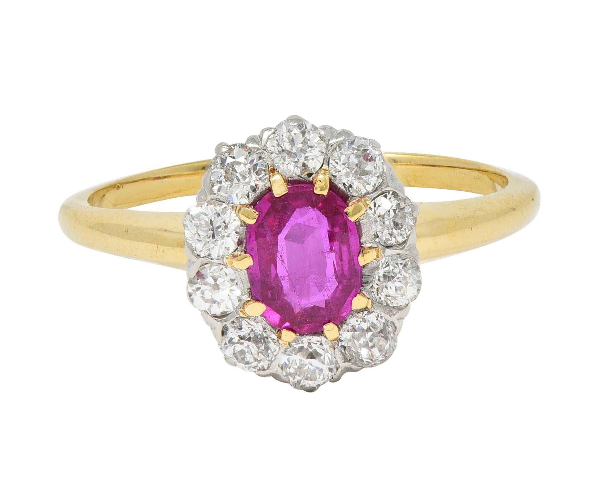 Edwardian No Heat Burma Ruby Diamond Platinum 18 Karat Gold Antique Halo Ring