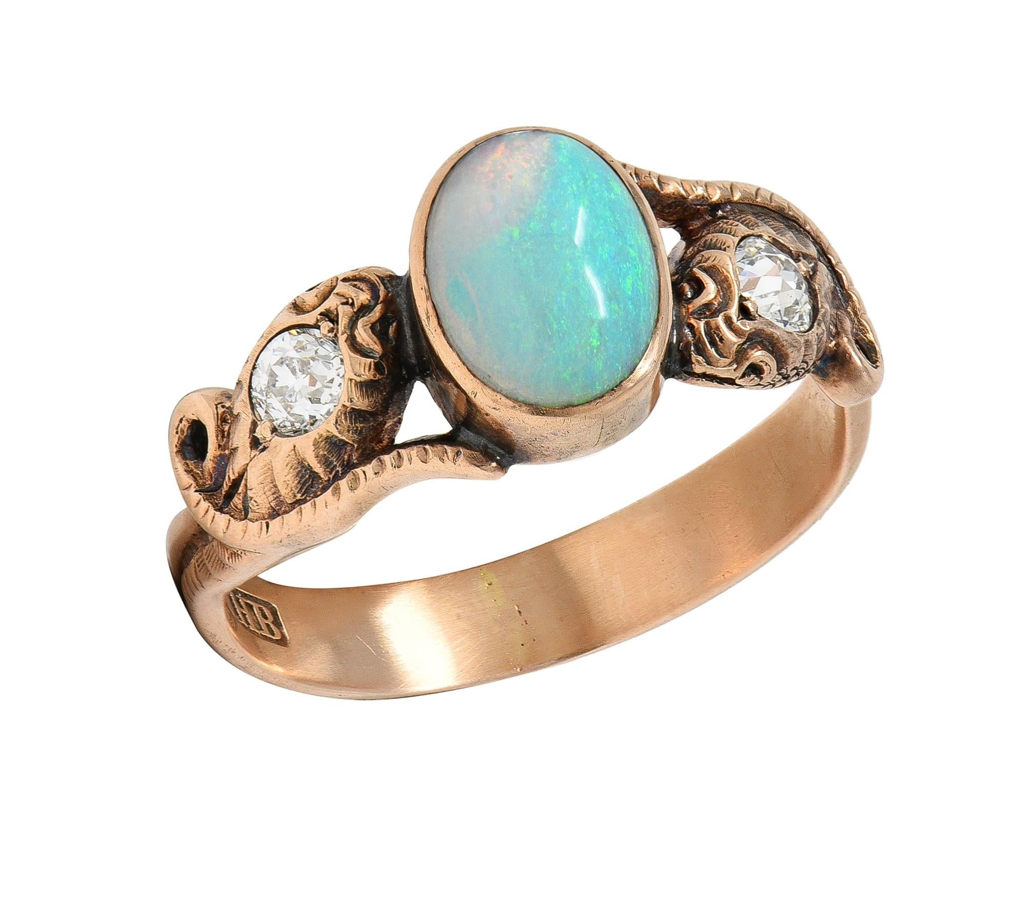 Victorian Diamond Opal 14 Karat Rose Gold Antique Lovers Knot Snake Ring