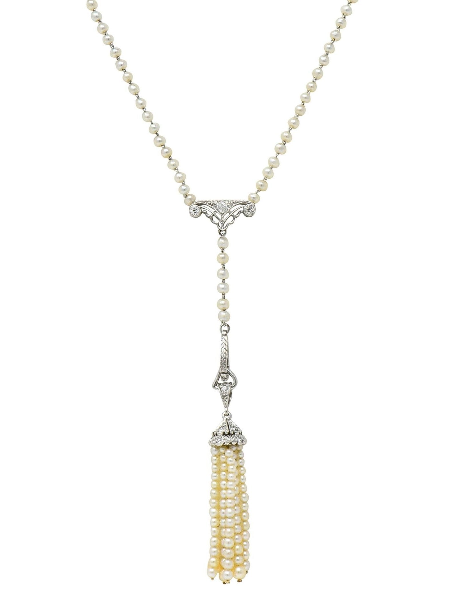 Early Art Deco Pearl Diamond Platinum Antique Lavalier Tassel Pendant Necklace