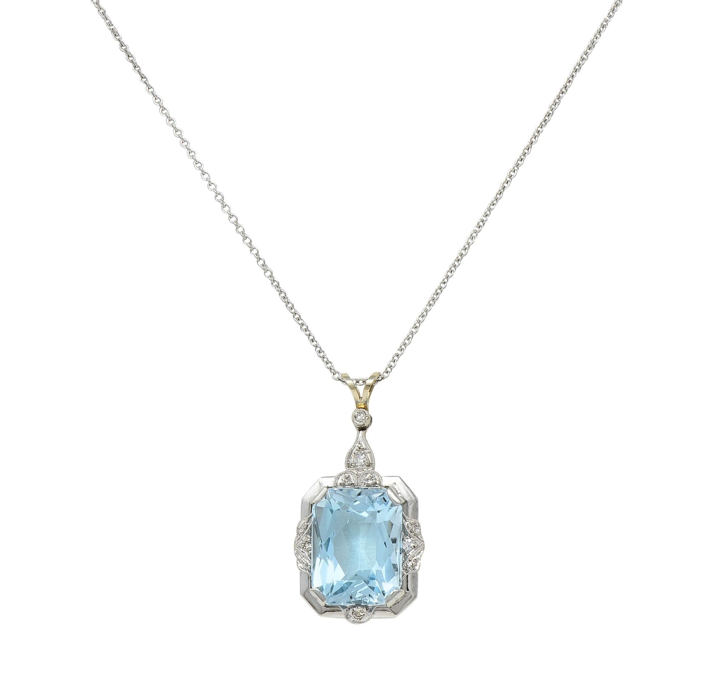 Art Deco 8.90 CTW Aquamarine Diamond 14K White Gold Vintage Pendant Necklace