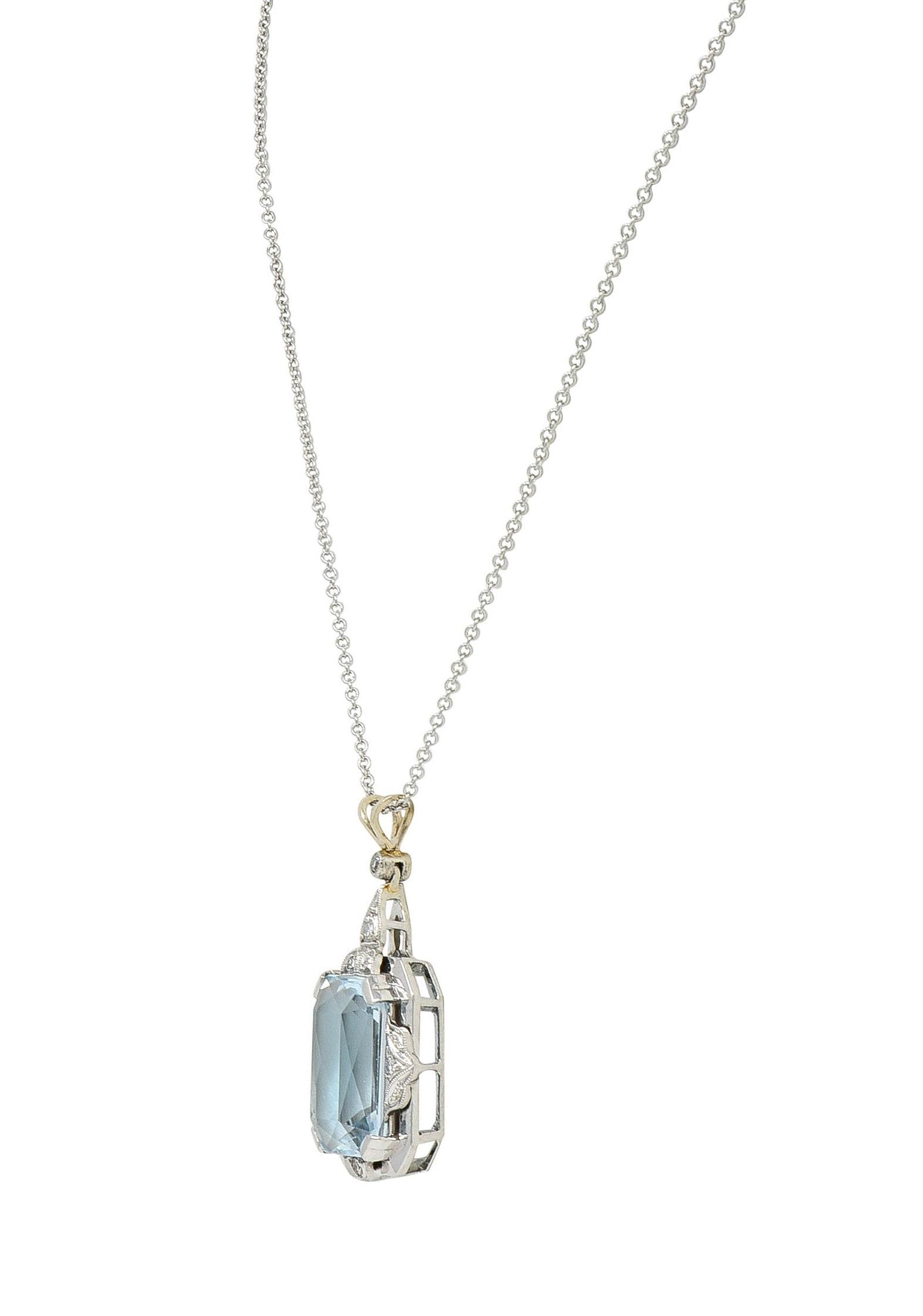 Art Deco 8.90 CTW Aquamarine Diamond 14K White Gold Vintage Pendant Necklace