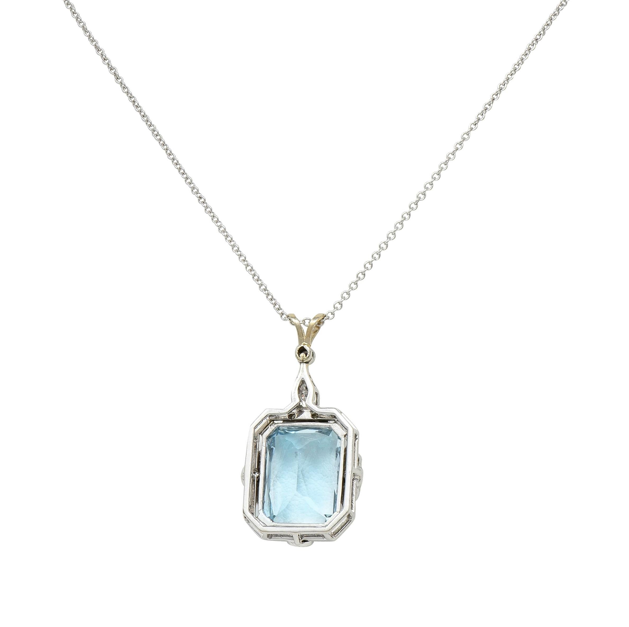 Art Deco 8.90 CTW Aquamarine Diamond 14K White Gold Vintage Pendant Necklace