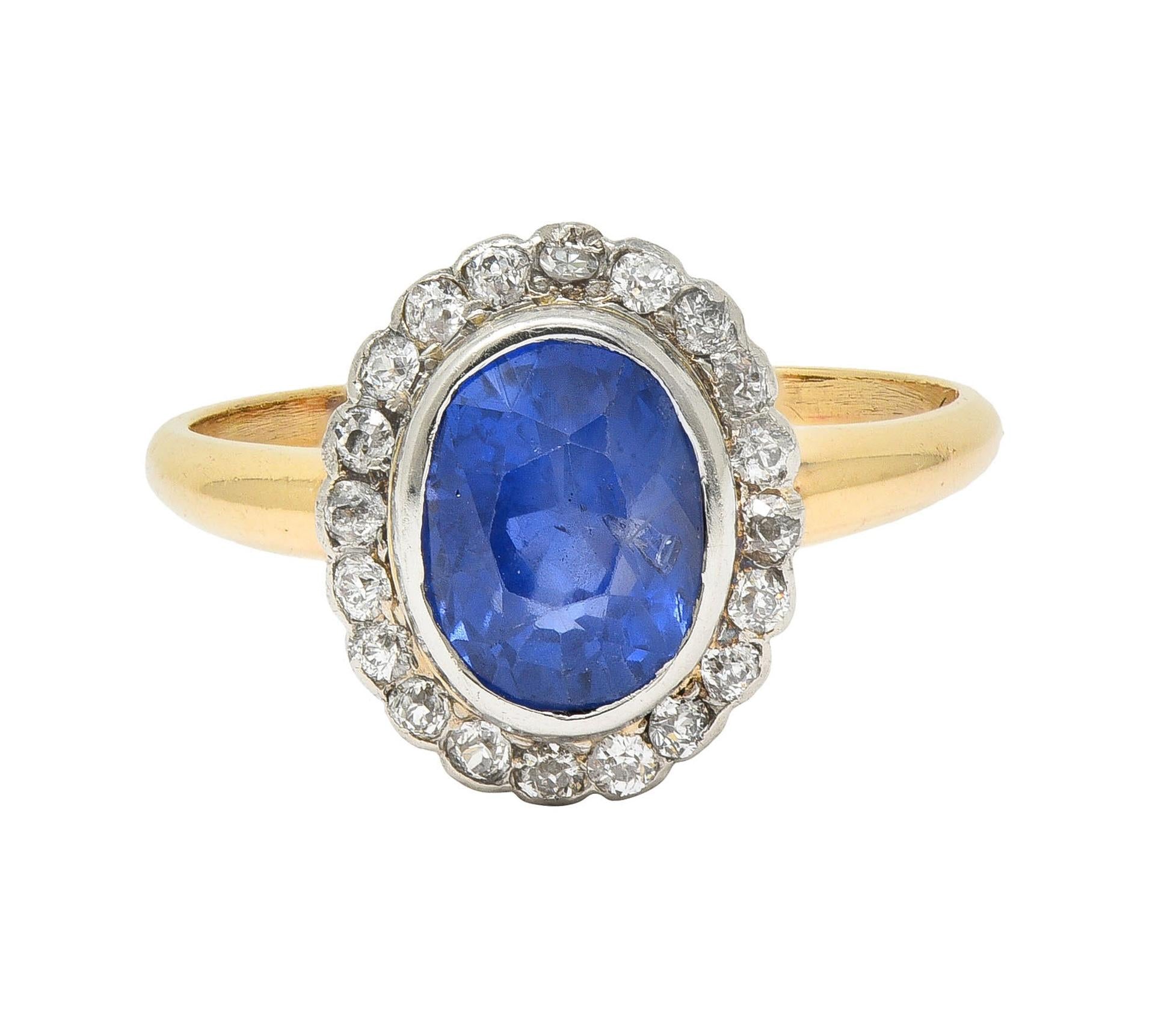 Antique 2.50 CTW No Heat Ceylon Sapphire Diamond Platinum 14K Gold Halo Ring GIA