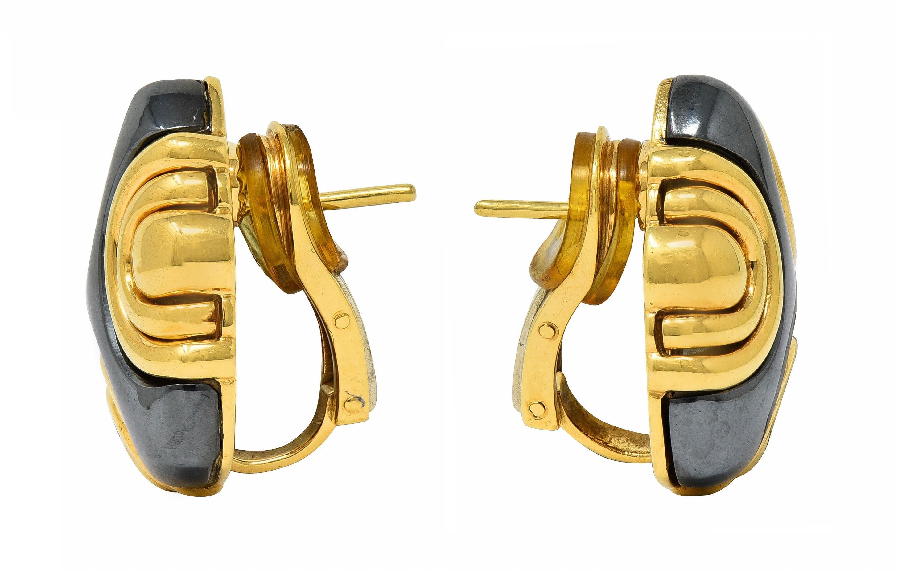 Bulgari 1980's Carved Hematite 18K Gold Geometric Vintage Ear-Clip Earrings