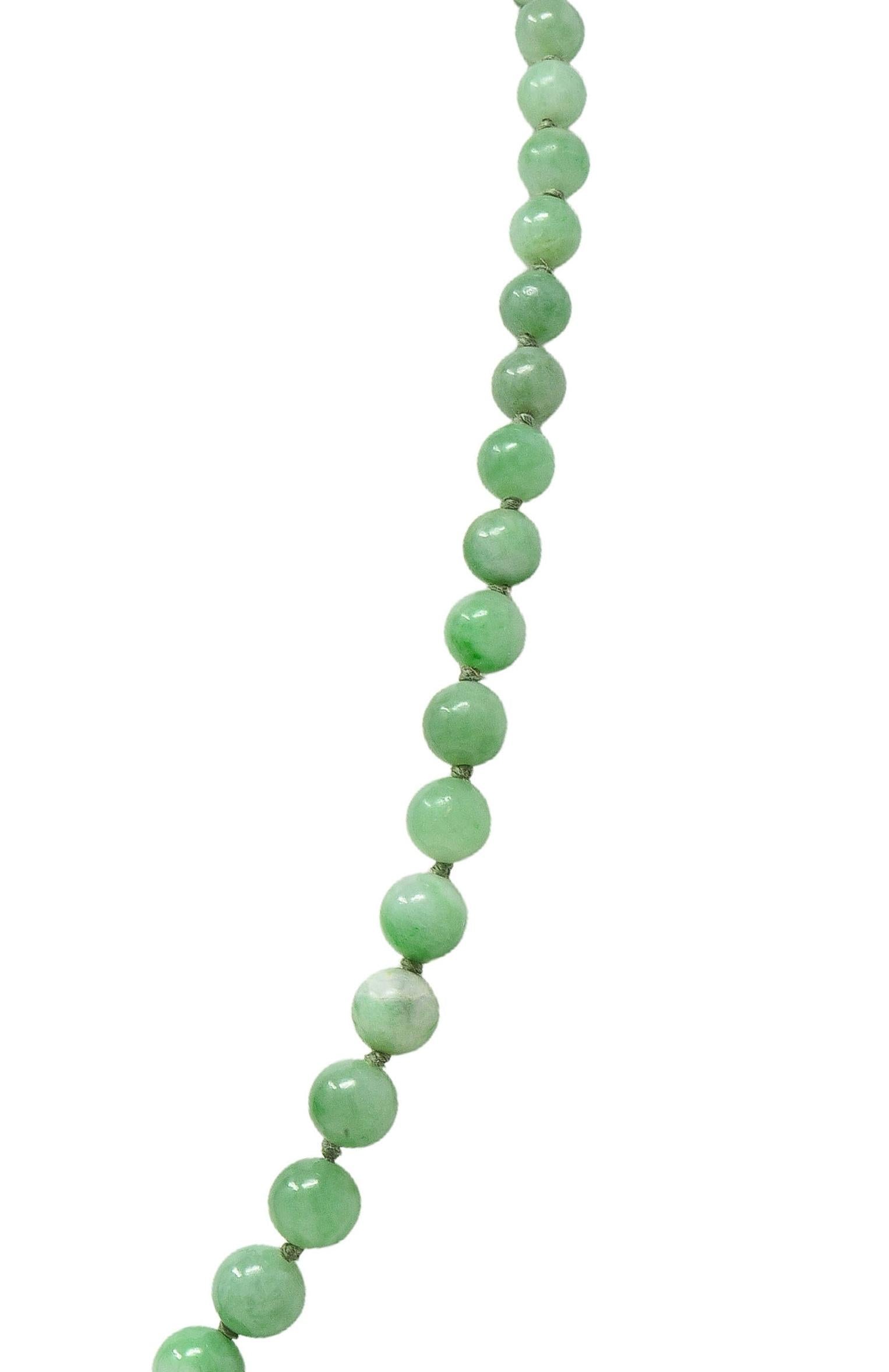 Art Deco Jade Diamond 14 Karat White Gold Vintage Graduated Jade Bead Necklace