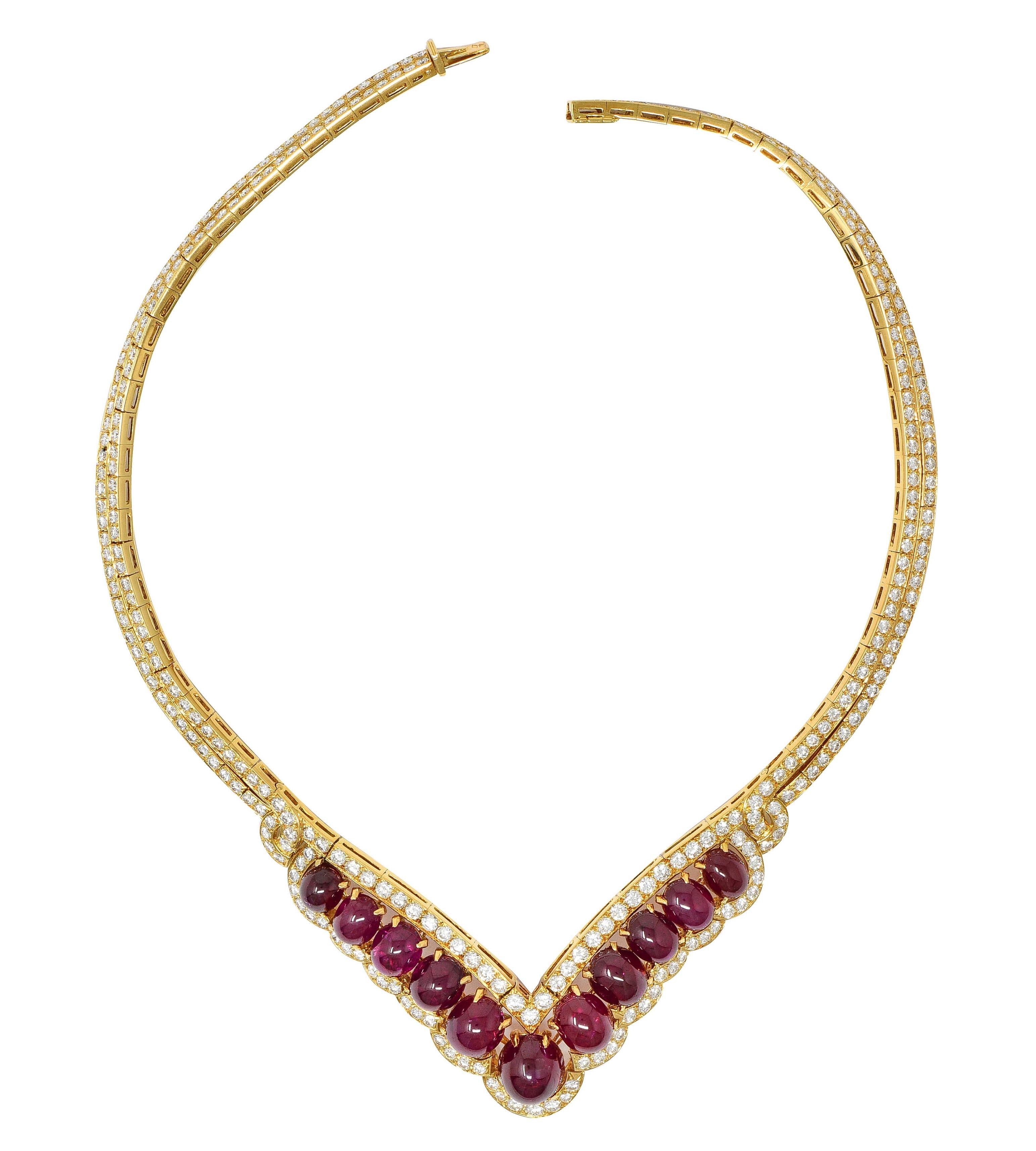 Van Cleef & Arpels 72.35 CTW Ruby Diamond 18K Gold Vintage V Collar Necklace