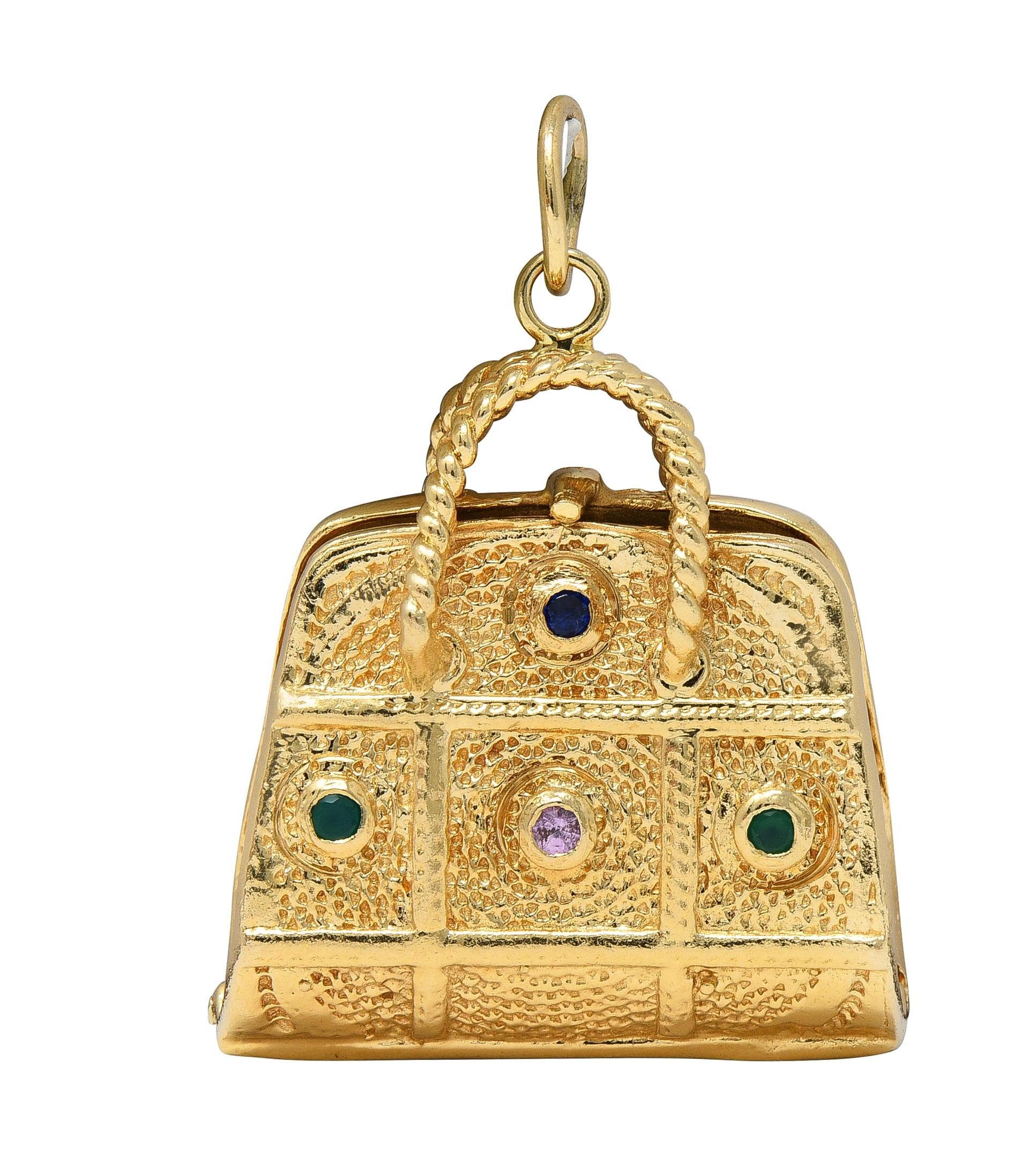 1960's Multi-Gem 14 Karat Yellow Gold Vintage Purse Pendant Charm
