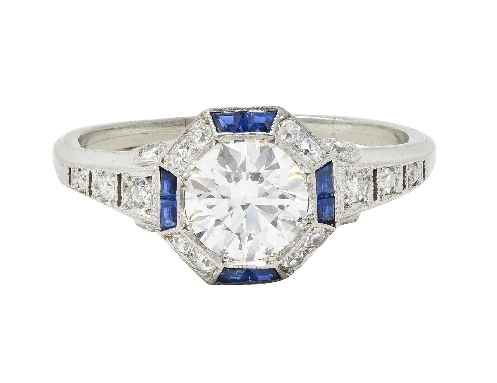 Art Deco 1.38 CTW Old European Diamond Sapphire Platinum Vintage Engagement Ring