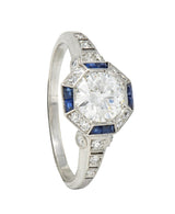 Art Deco 1.38 CTW Old European Diamond Sapphire Platinum Vintage Engagement Ring