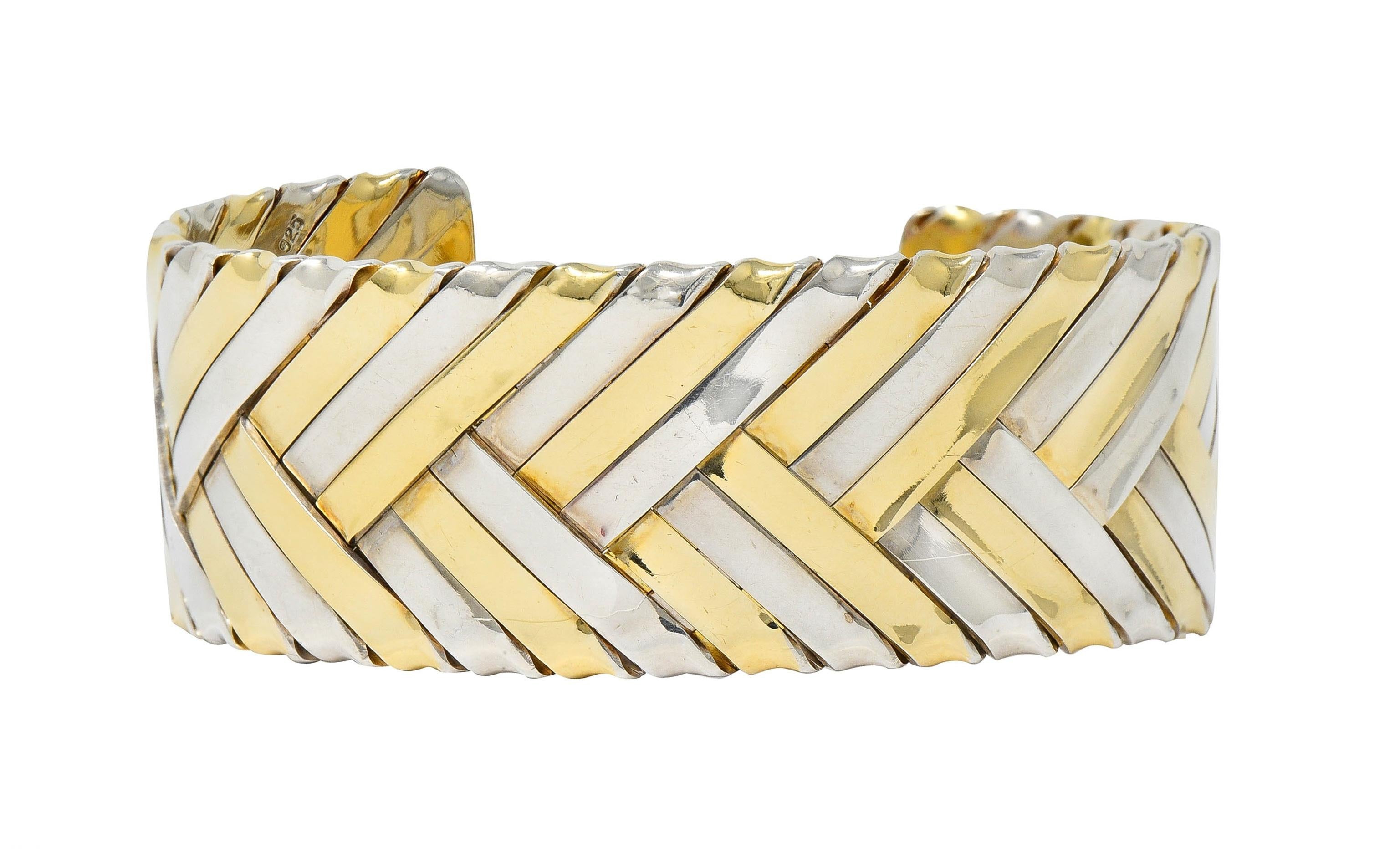 Cartier 1970's 18 Karat Yellow Gold Sterling Silver Woven Vintage Cuff Bracelet