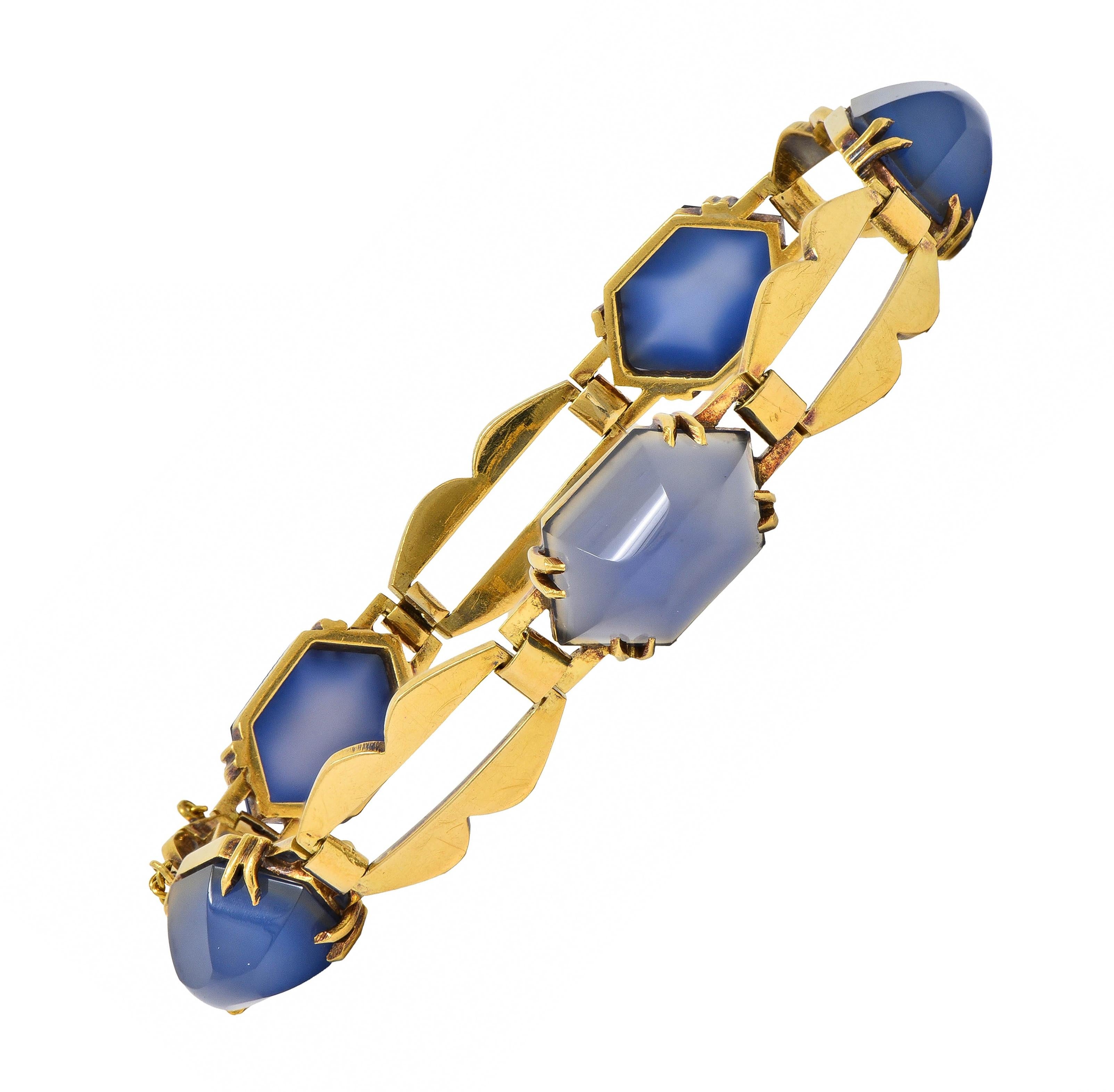 Art Deco French Blue Chalcedony 18 Karat Yellow Gold Antique Link Bracelet