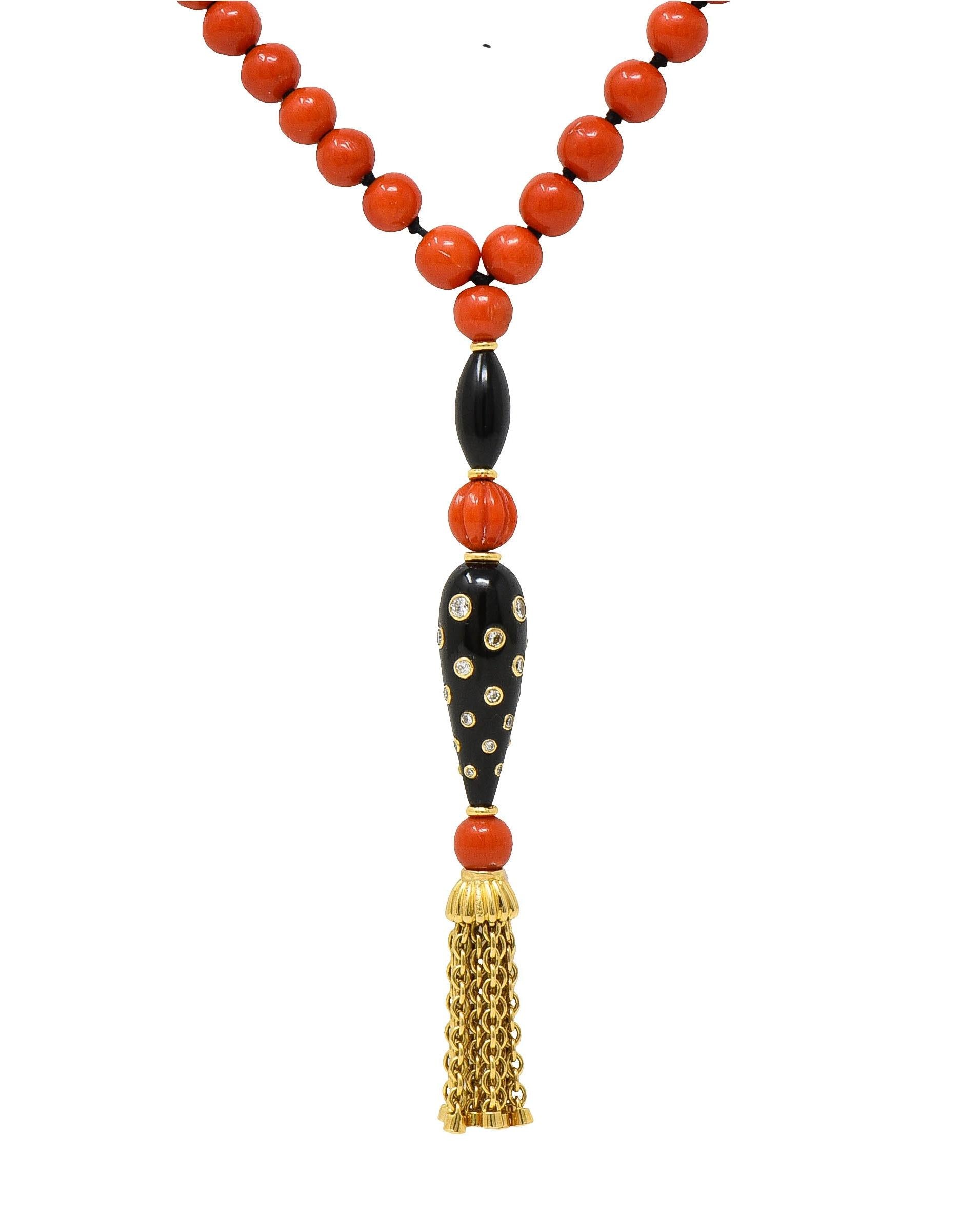 Boucheron 1970's Diamond Onyx 18K Gold Vintage Beaded Tassel Sautoir Necklace