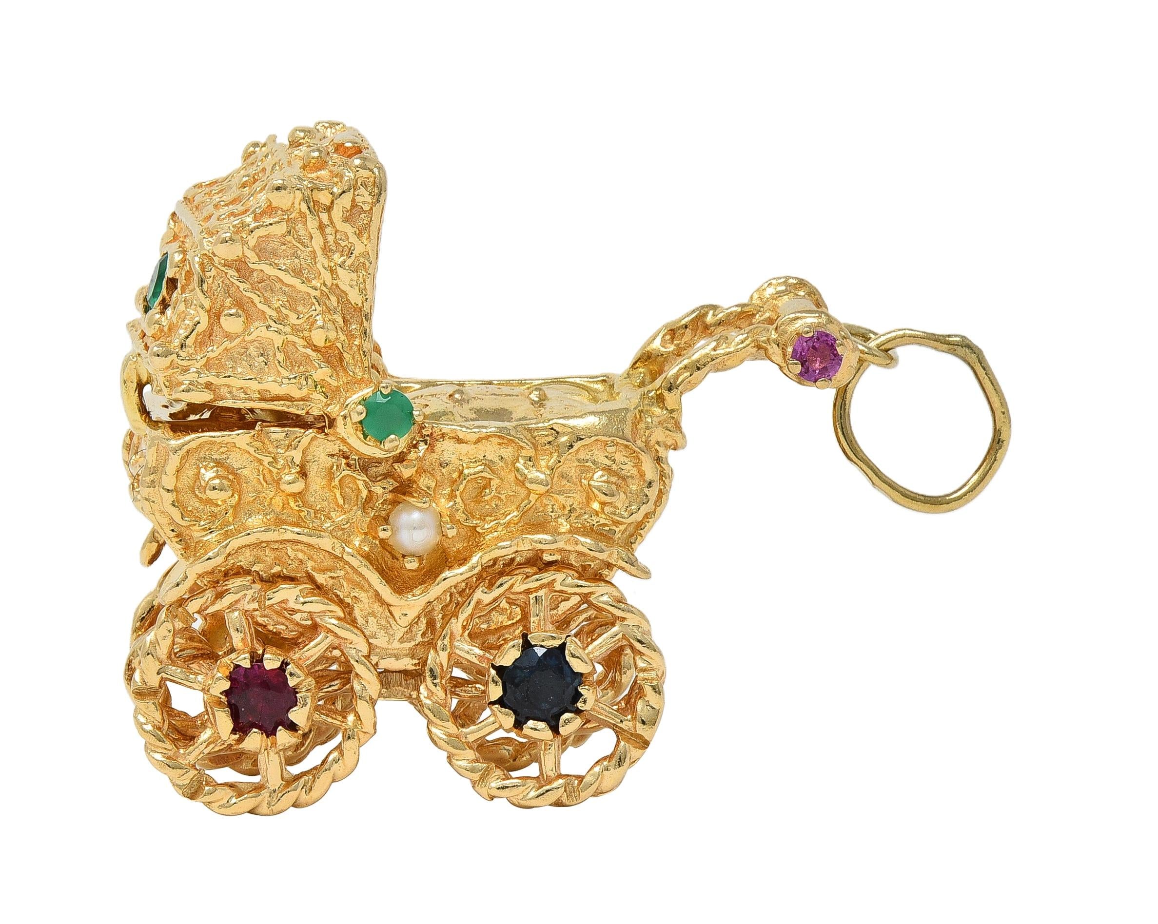1960's Multi-Gem 14 Karat Yellow Gold Vintage Baby Carriage Charm