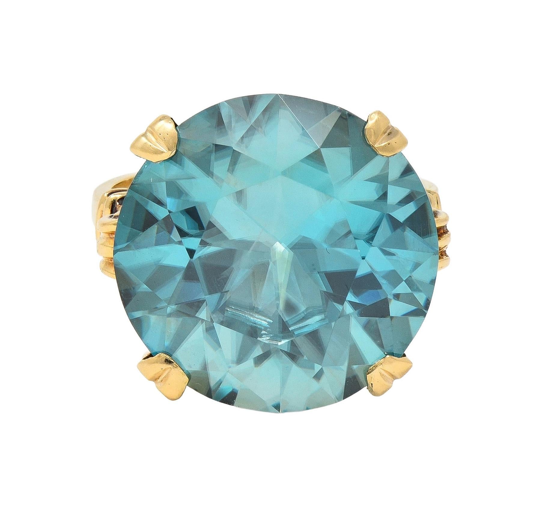 Retro 24.05 CTW Blue Zircon 14 Karat Rose Gold Vintage Cocktail Ring