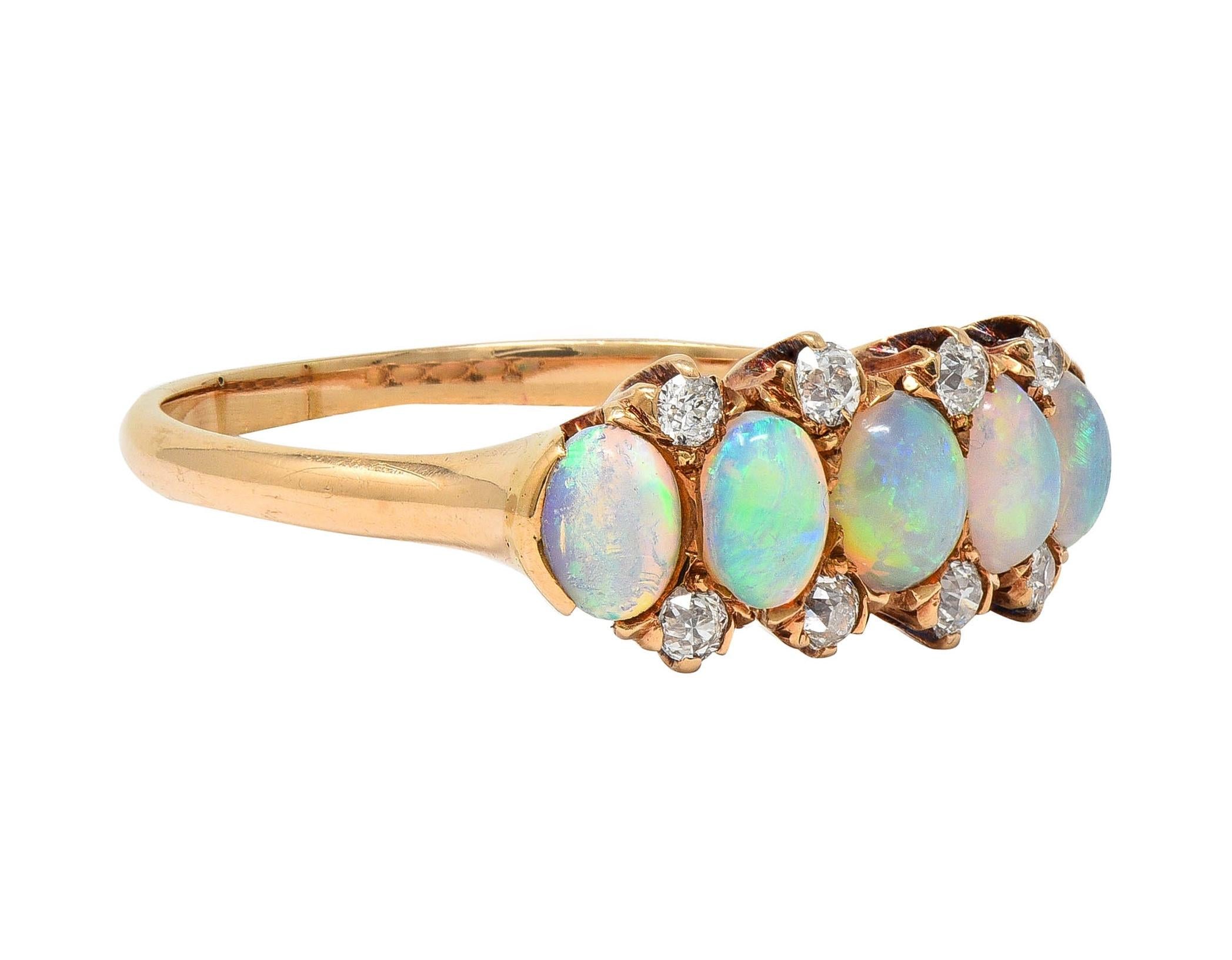 Victorian Opal Diamond 14 Karat Yellow Gold Antique Five Stone Band Ring