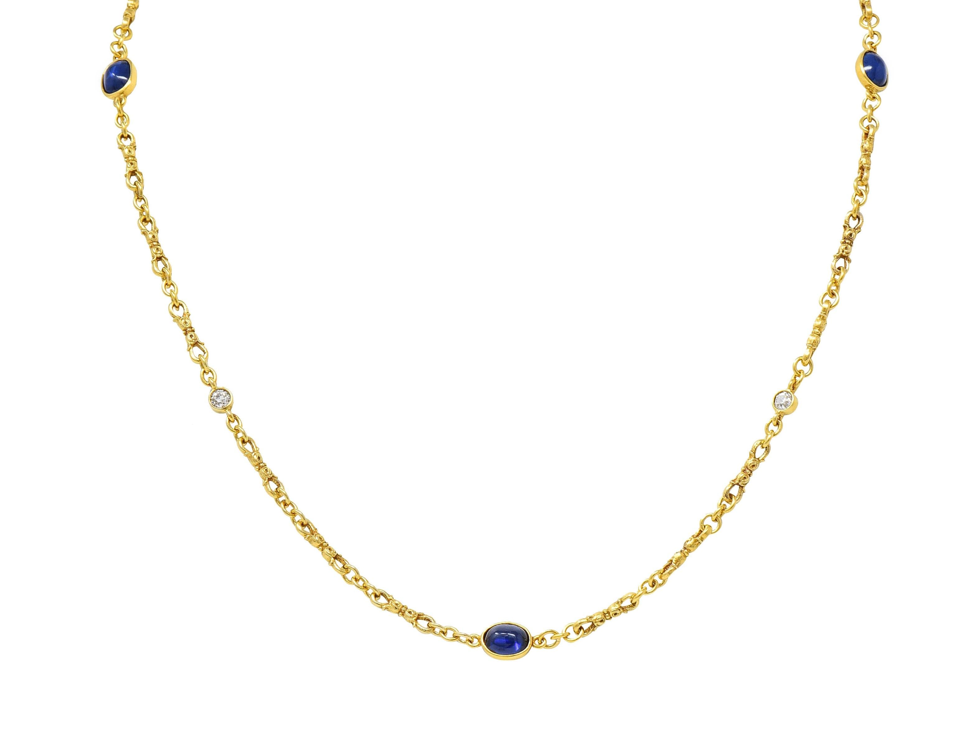 Victorian 3.94 CTW Sapphire Diamond 18 Karat Yellow Gold Link Antique Necklace