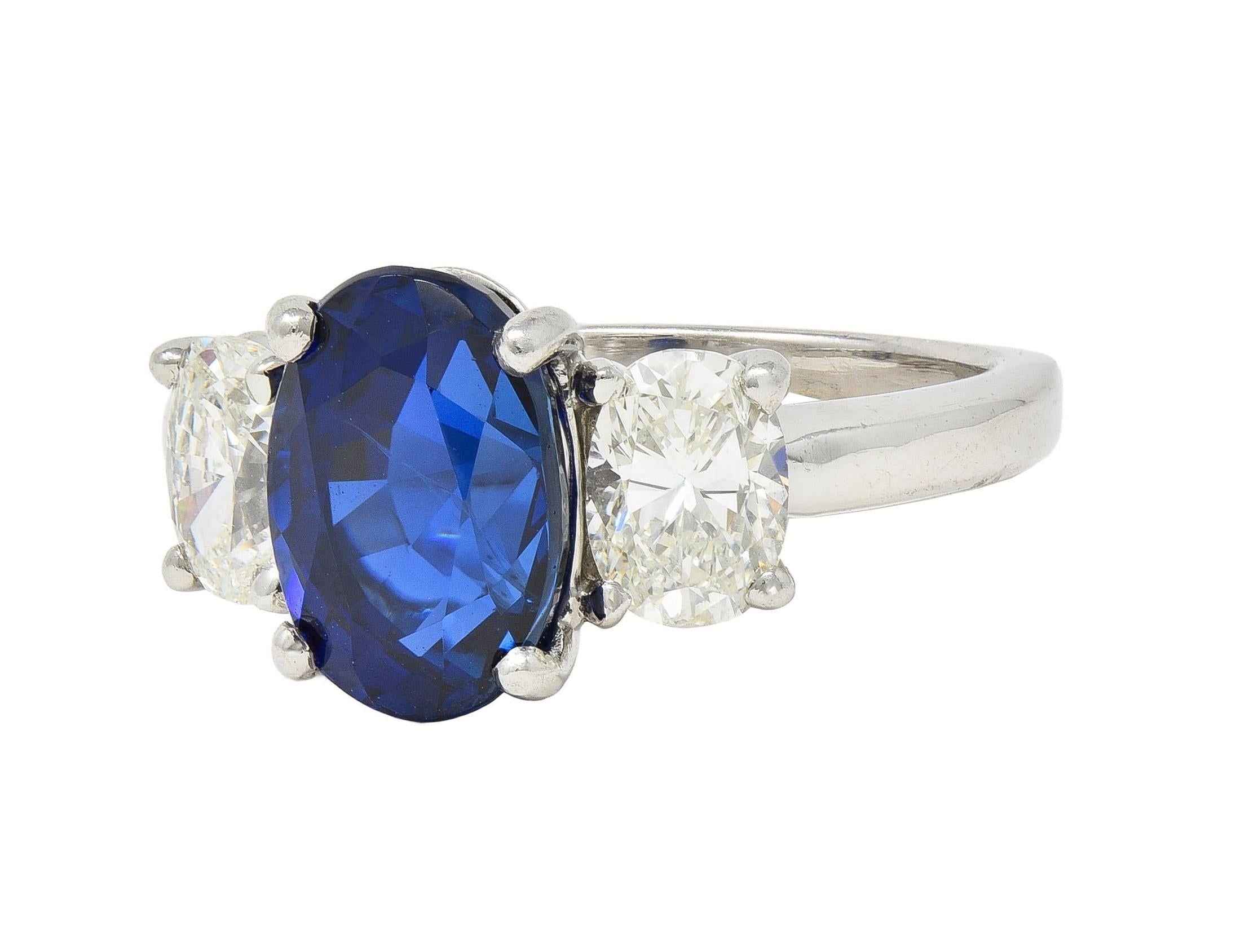 Contemporary 5.00 CTW No Heat Ceylon Sapphire Diamond Platinum 3 Stone Ring GIA