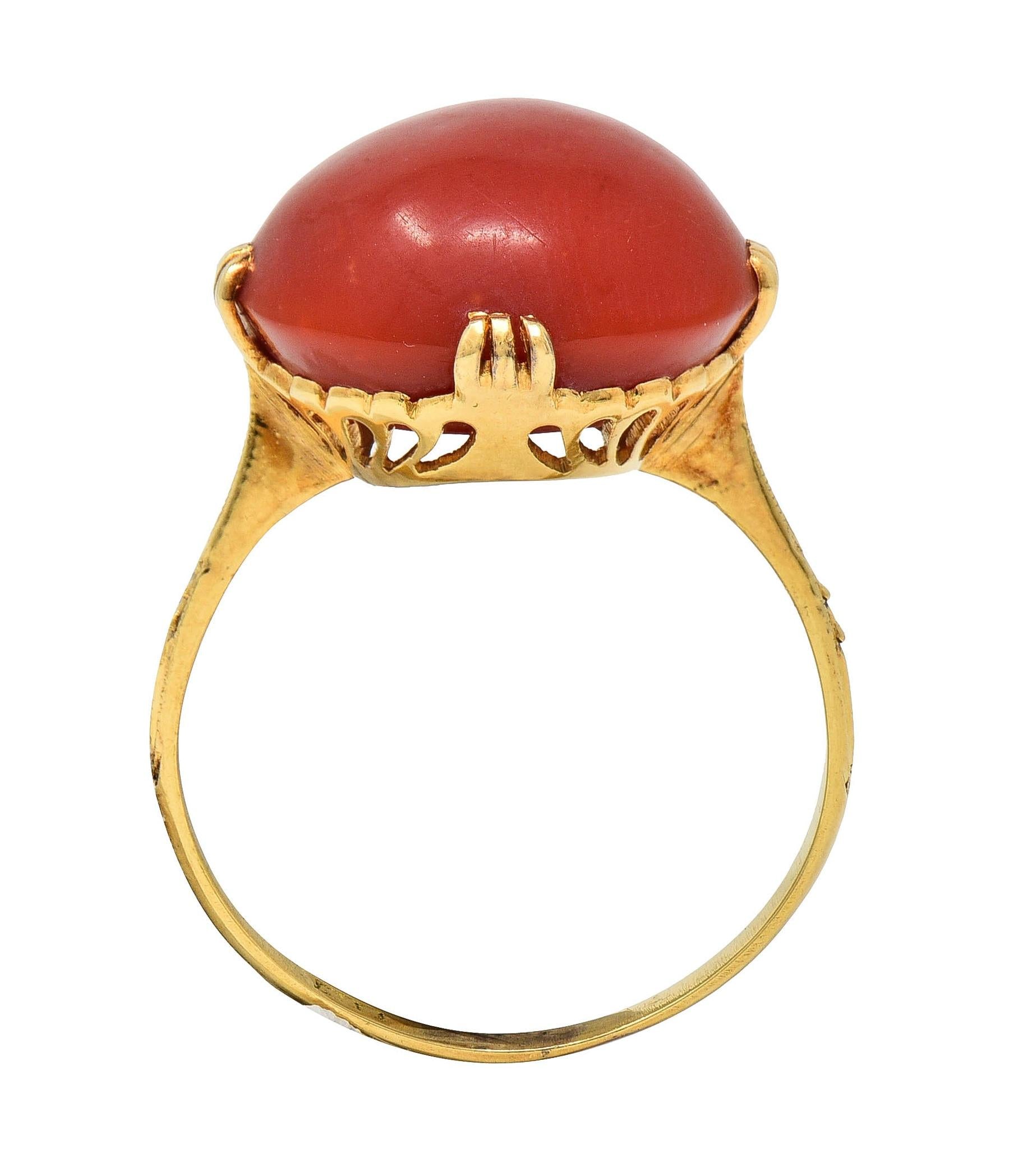 Victorian Coral Cabochon 18 Karat Yellow Gold Antique Scrolling Gemstone Ring