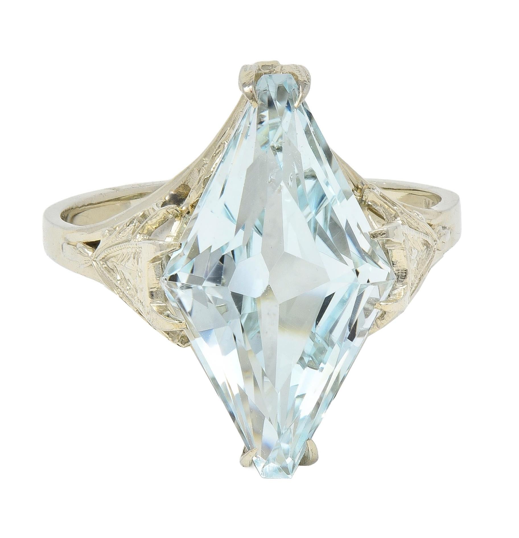 Art Deco 5.70 CTW Aquamarine 18 Karat White Gold Vintage Navette Ring