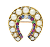 Victorian 1.00 CTW Pearl Multi-Gem 14 Karat Gold Antique Horseshoe Brooch