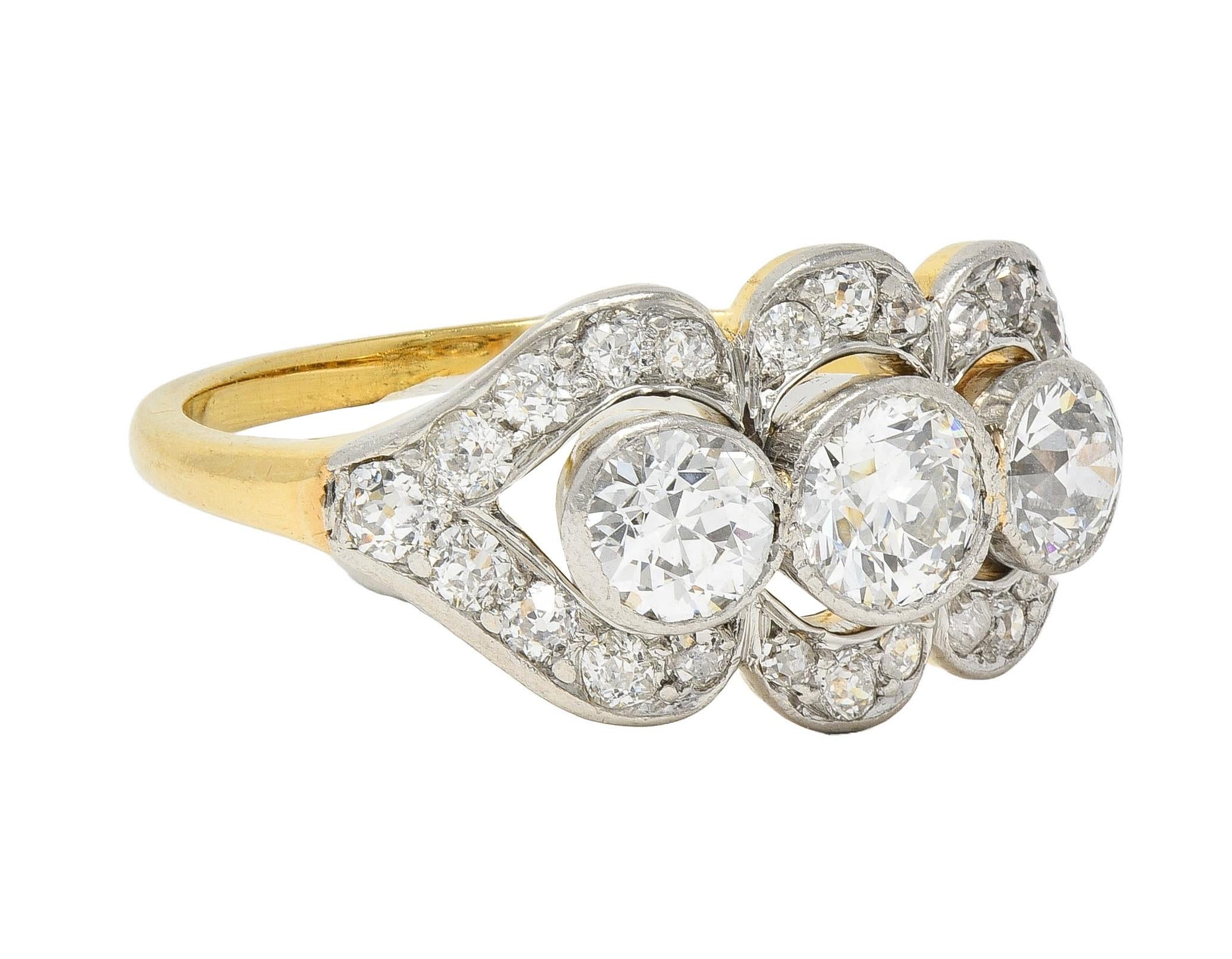 Edwardian 1.45 CTW Diamond Platinum 14K Yellow Gold Antique Three Stone Ring