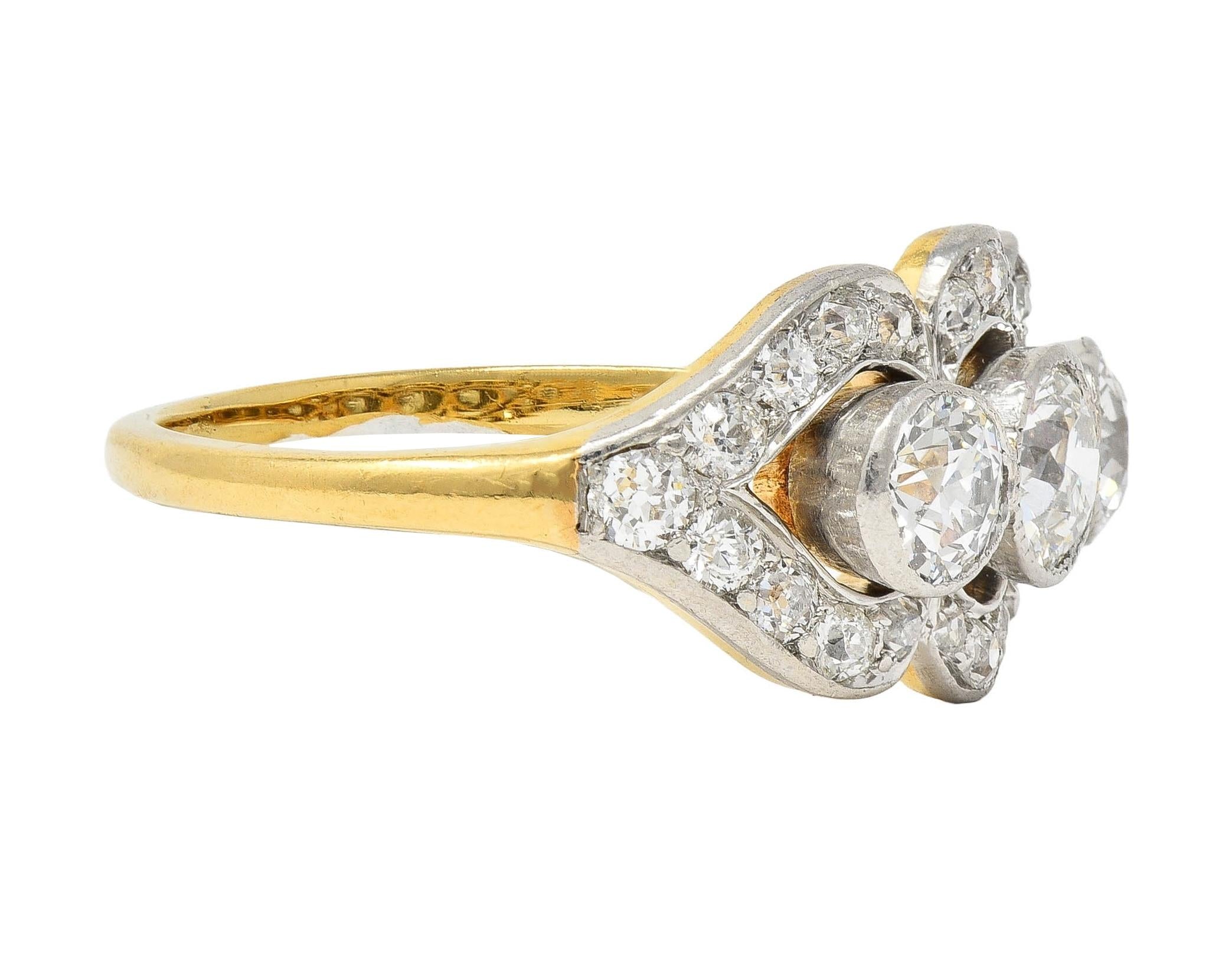 Edwardian 1.45 CTW Diamond Platinum 14K Yellow Gold Antique Three Stone Ring