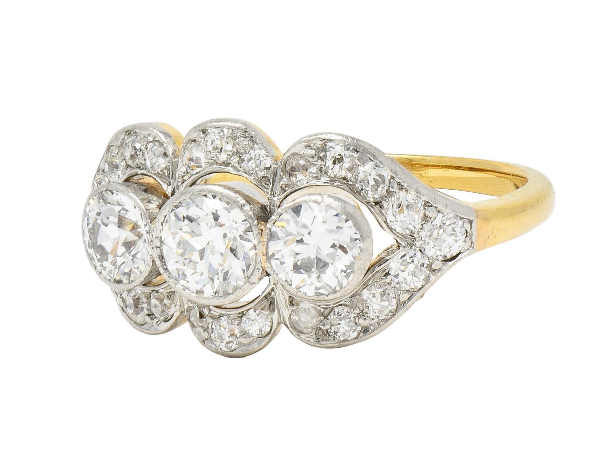 Edwardian 1.45 CTW Diamond Platinum 14K Yellow Gold Antique Three Stone Ring