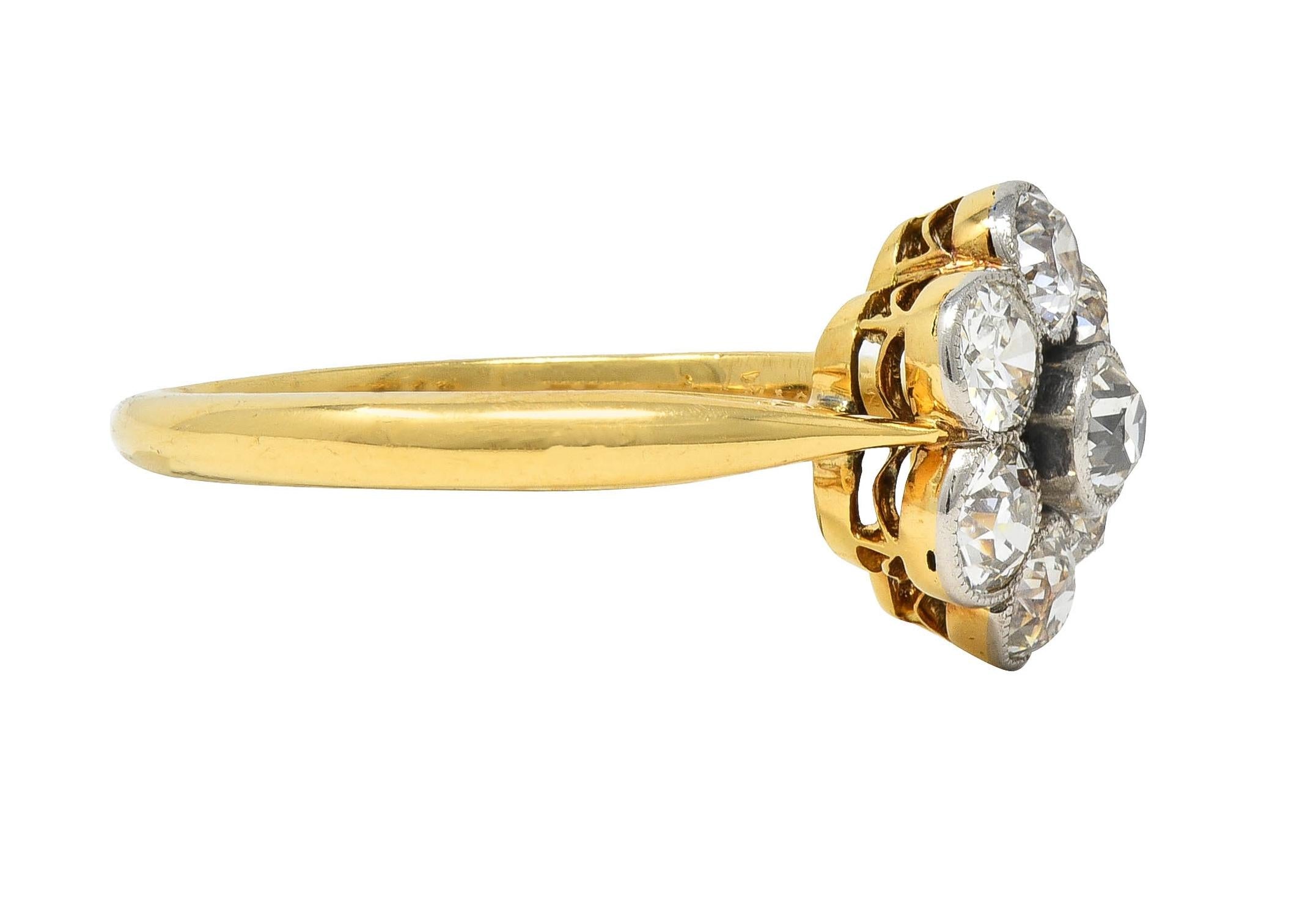 Edwardian European Diamond Platinum 18K Yellow Gold Antique Floral Cluster Ring